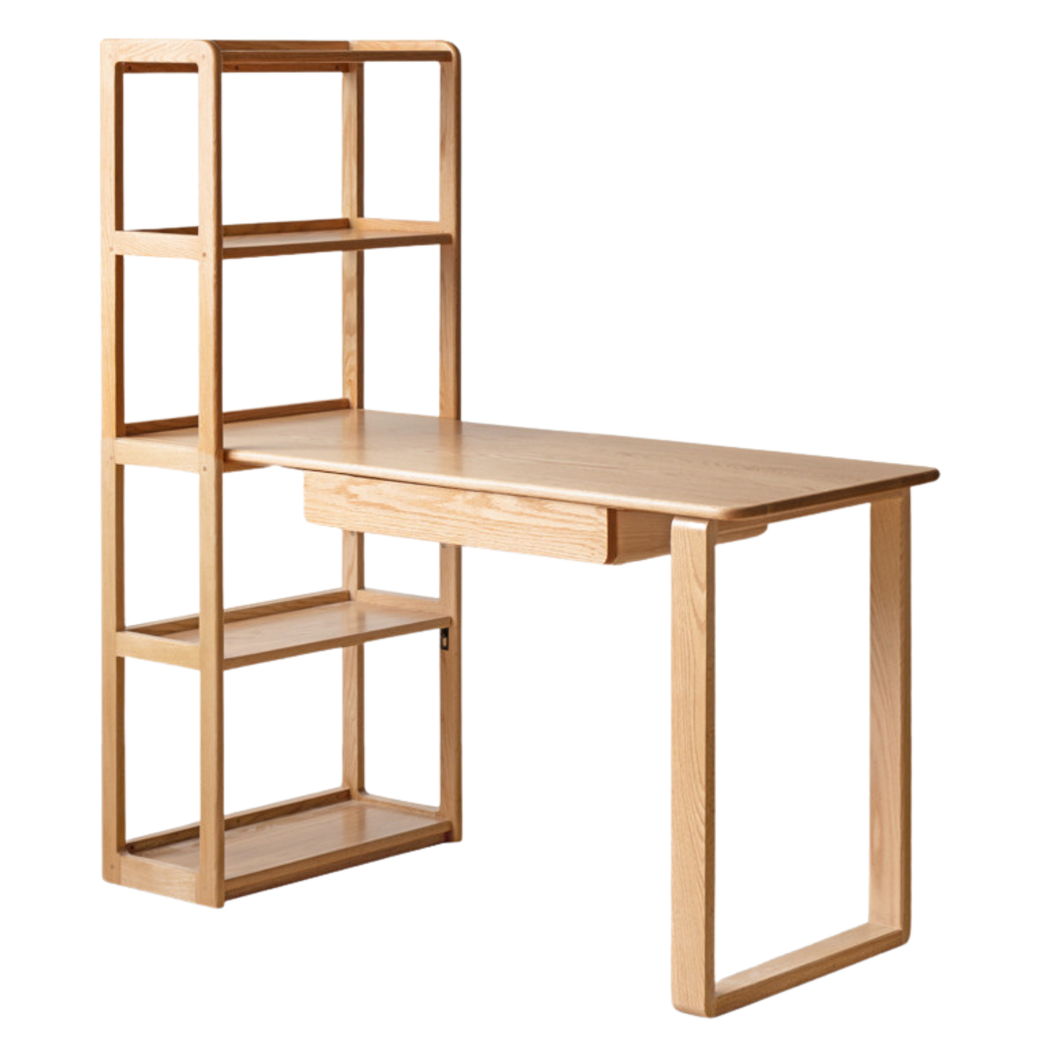 Solid Oak Wood Office Desk with Single Leg & Built-in Bookshelf - Modern Home Office Furniture for Work and Study