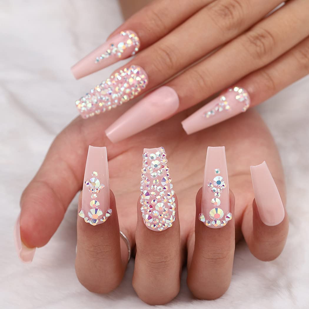 Long Crystal Press-On Nails - Nude Coffin Glossy Fake Nails with 3D Bling & Rhinestones | Ballerina False Nails Set for Women & Girls (24Pcs) | Perfect for Parties, Weddings & Special Occasions