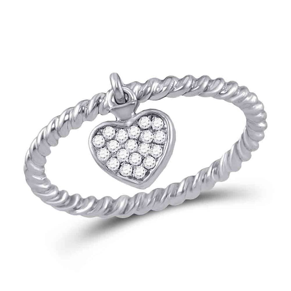 10K White Gold Women's Round Diamond Heart Dangle Stackable Band Ring - 1/10 CTTW - Perfect for Valentine's Day Gifts, Anniversary Presents & Everyday Elegant Jewelry