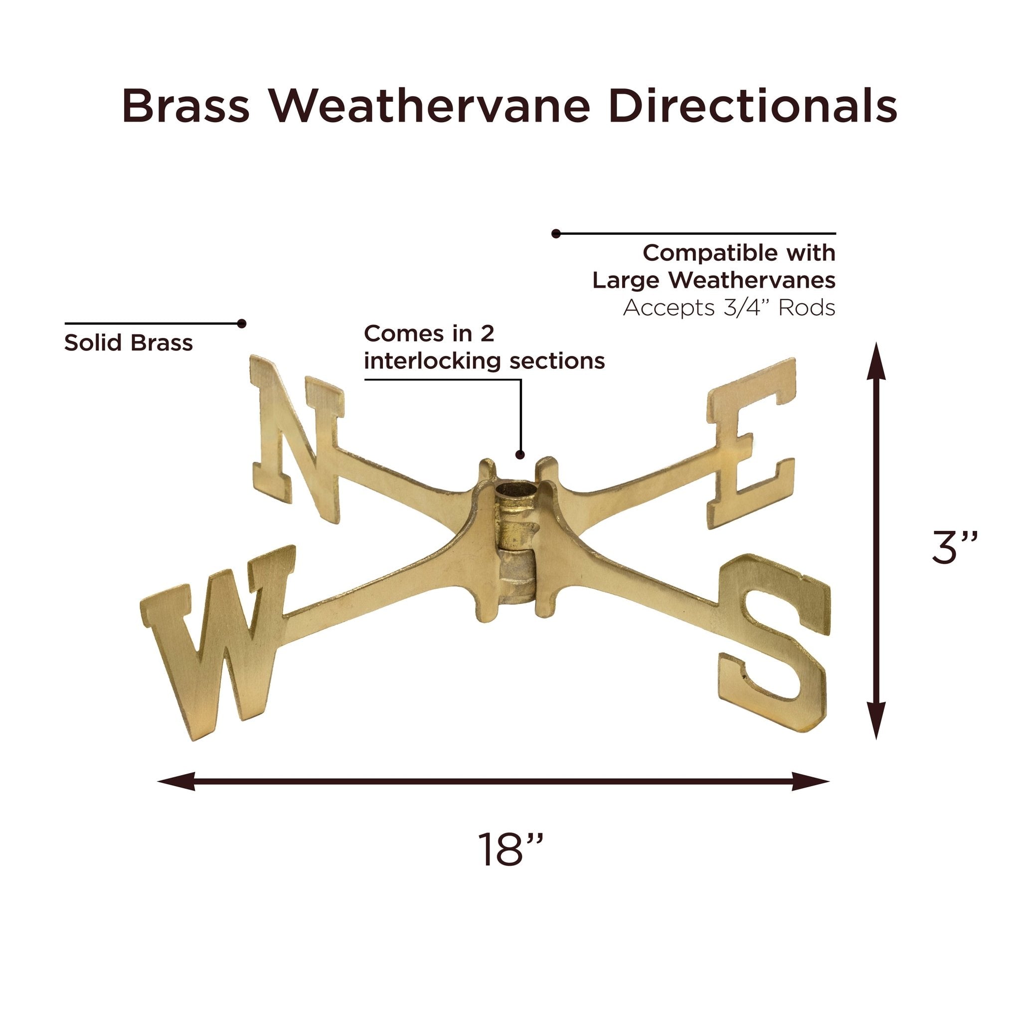 Large 18-Inch Brass Weathervane with Directional Compass - Perfect for Garden, Farmhouse, and Barn Roof Decor