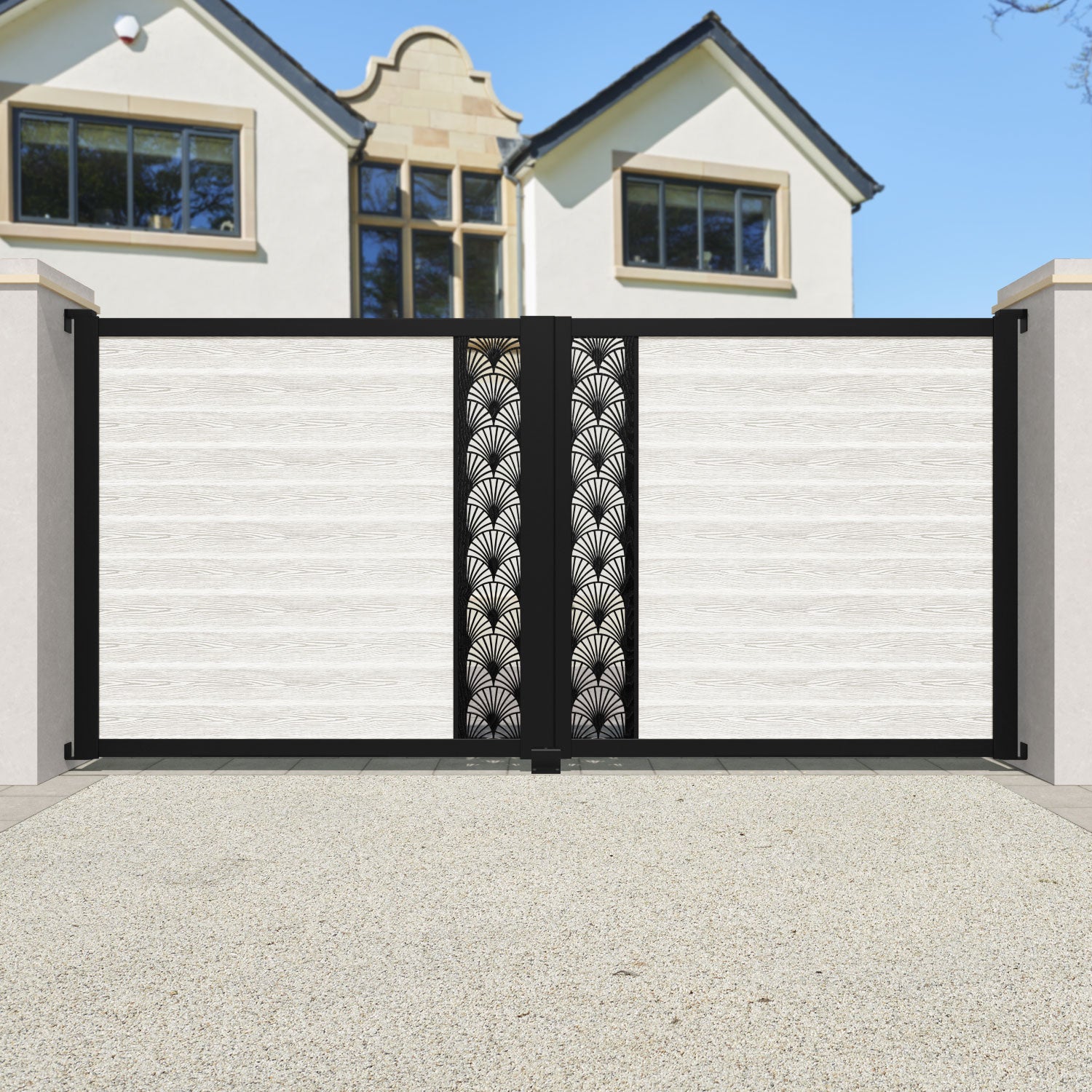 Classic Laurel Straight Top Driveway Gate - Light Stone Finish with Middle Screen - Perfect for Residential Driveways, Garden Entrances & Property Security