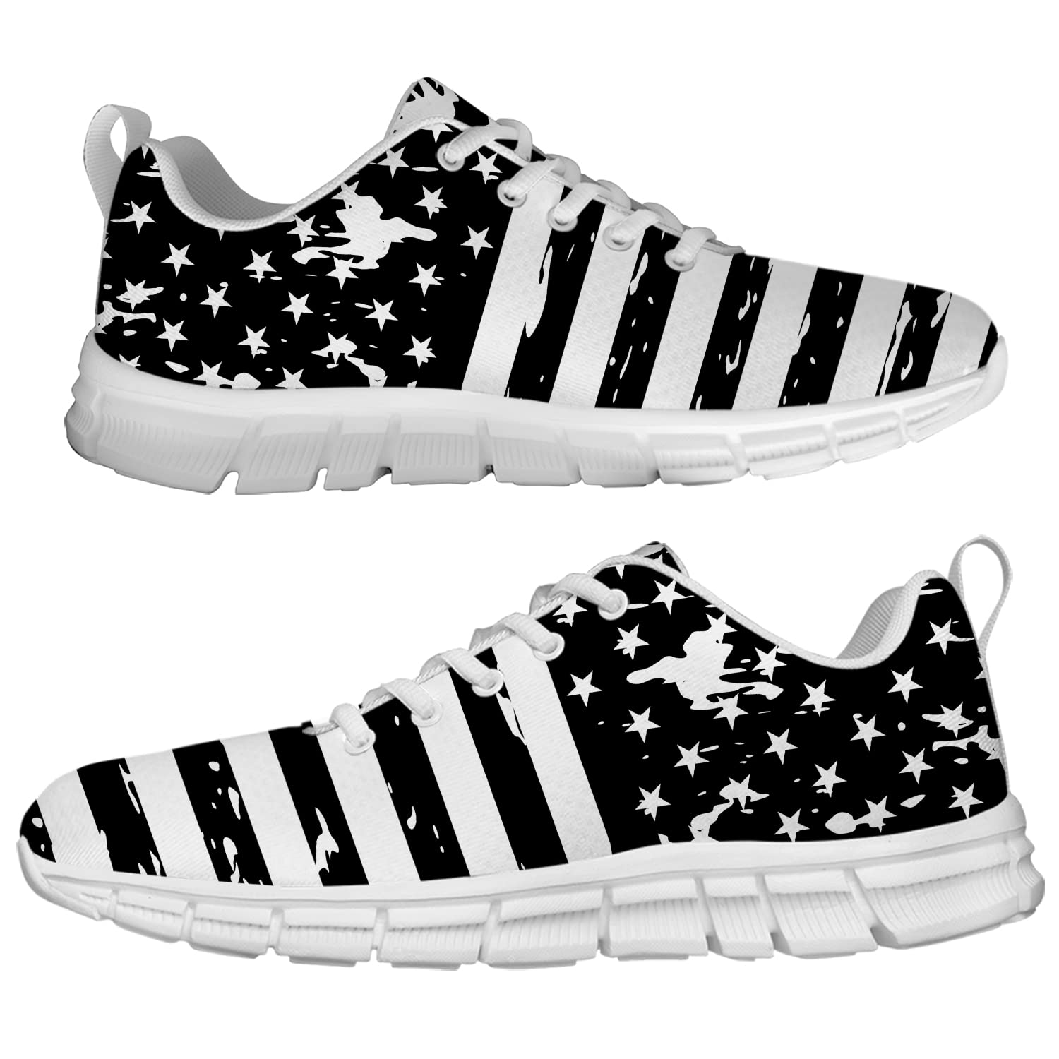 American Flag Walking Sneakers for Men & Women - Patriotic 4th of July Tennis Shoes in White & Black | Comfortable Casual Shoes for Independence Day, Outdoor Activities & Gifts (Men's Size 8, Women's Size 9.5)