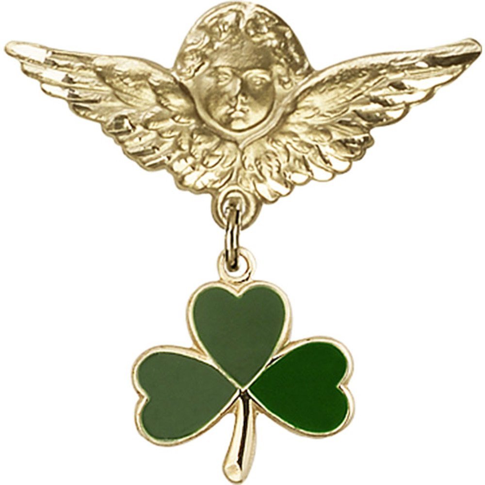 14K Gold Filled Baby Badge Pin with Shamrock Charm & Angel Wings - 1 1/8 X 1 1/8 Inch - Perfect for Christening Gifts, Baby Showers & Keepsake Jewelry