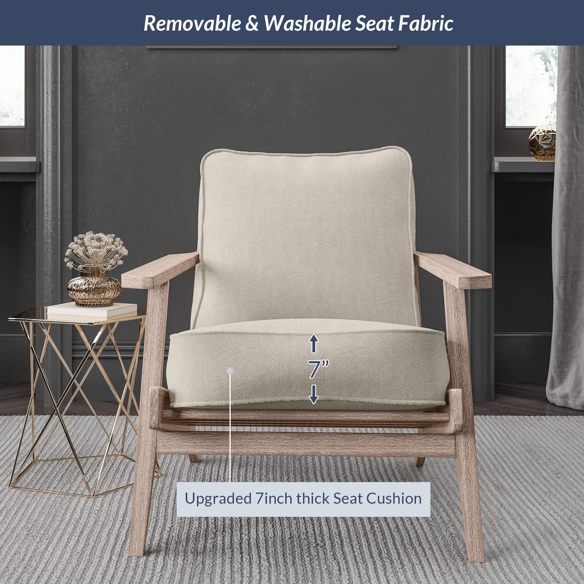 BELLEZE Mid Century Modern Chairs Set of 2 - Upholstered Linen Armchairs with Solid Wood Frame - Easy Assembly Accent Chairs for Living Room, Bedroom, Office - Maximus (Natural) | Perfect for Home Decor, Reading Nook & Guest Seating