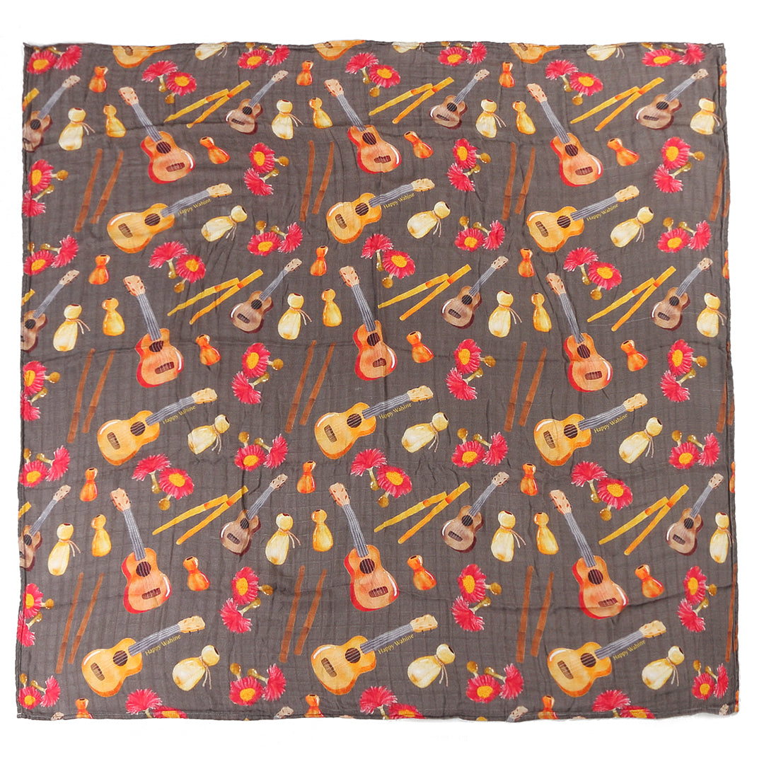 Soft Baby Muslin Swaddle Blanket with Hawaiian Music Instrument Print - Lightweight & Breathable for Newborns - Perfect for Swaddling, Nursing, and Stroller Use