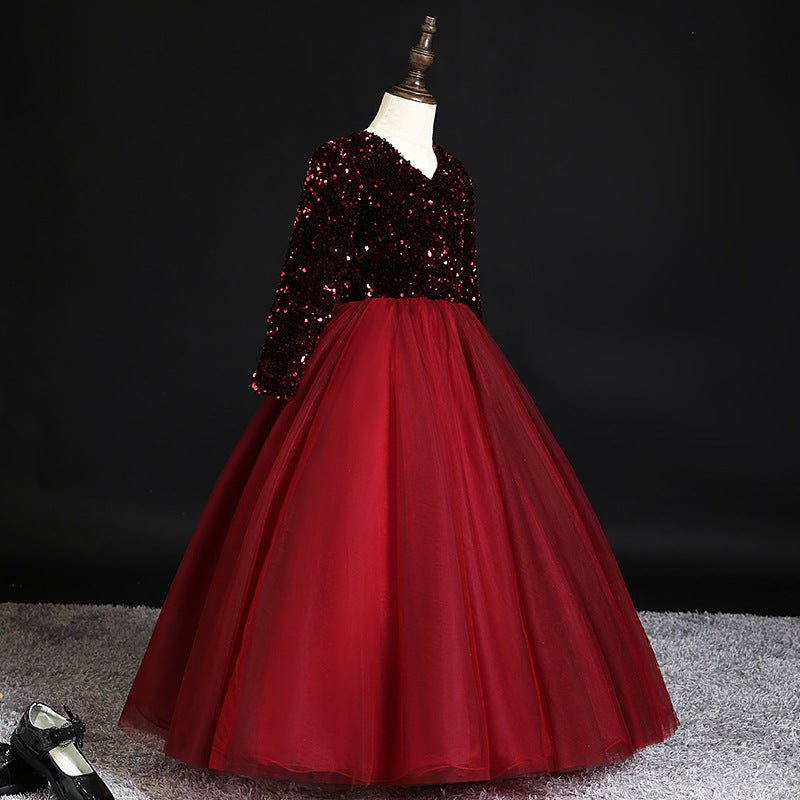 Burgundy Sequined Tulle A-Line Flower Girl Dress with Long Sleeves - Perfect for Weddings, Pageants & Special Occasions