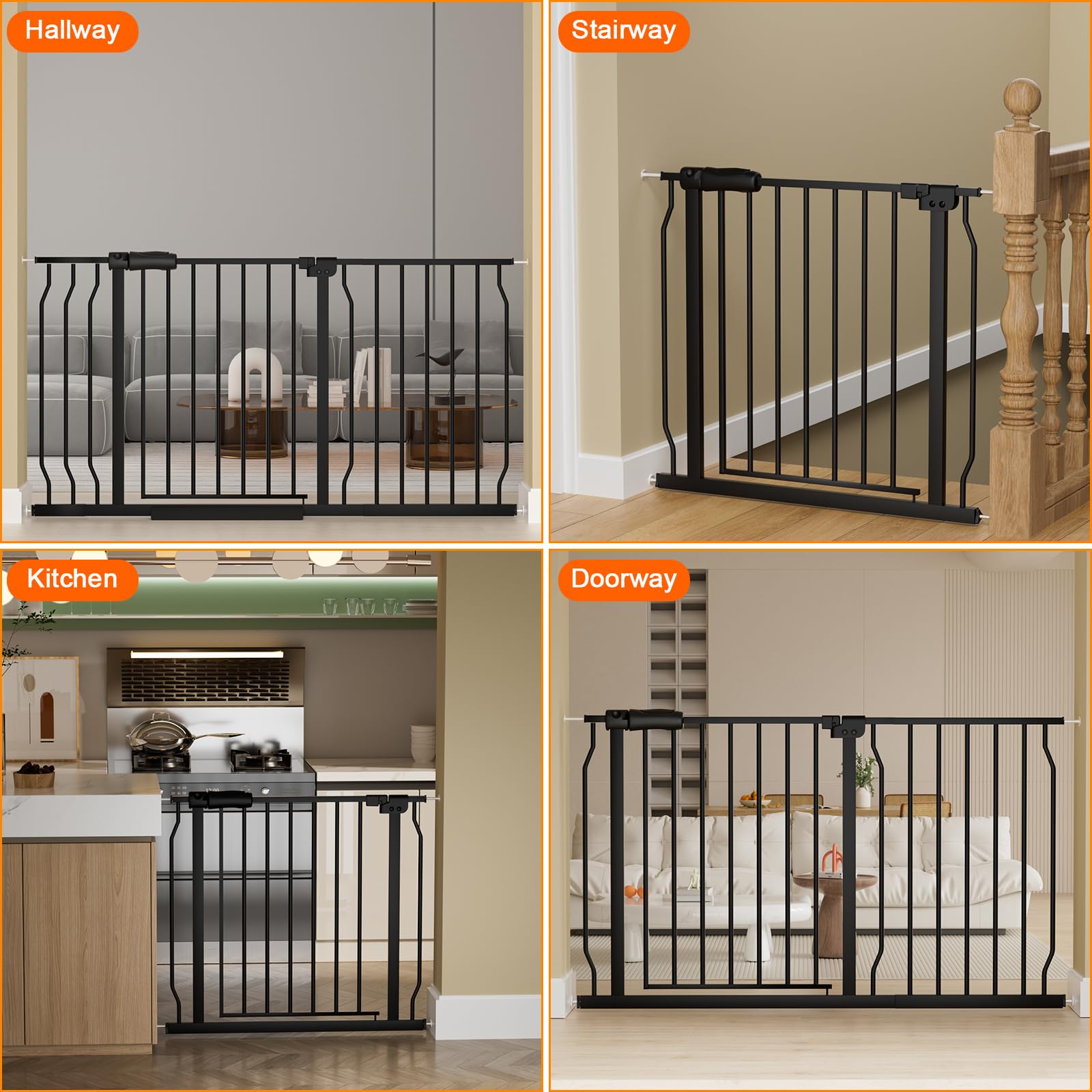 Extra Wide & Tall Baby & Dog Gate - 53-57.5 Inch Black Metal Tension Safety Gate for Stairs, Doorways - Pressure Mount Indoor Pet & Child Barrier - Perfect for Homes with Stairs, Wide Openings & Active Pets