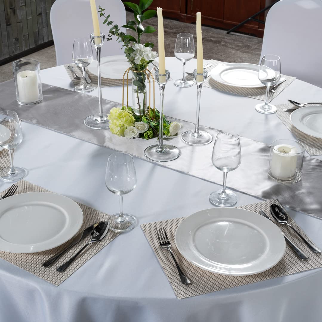 Restaurantware Table Tek 12 x 108 Inch Satin Table Runner - Machine Washable Silver Polyester Decorative Tablecloth for Weddings, Parties & Events | Perfect for Banquet Tables, Buffet Displays & Holiday Decorations