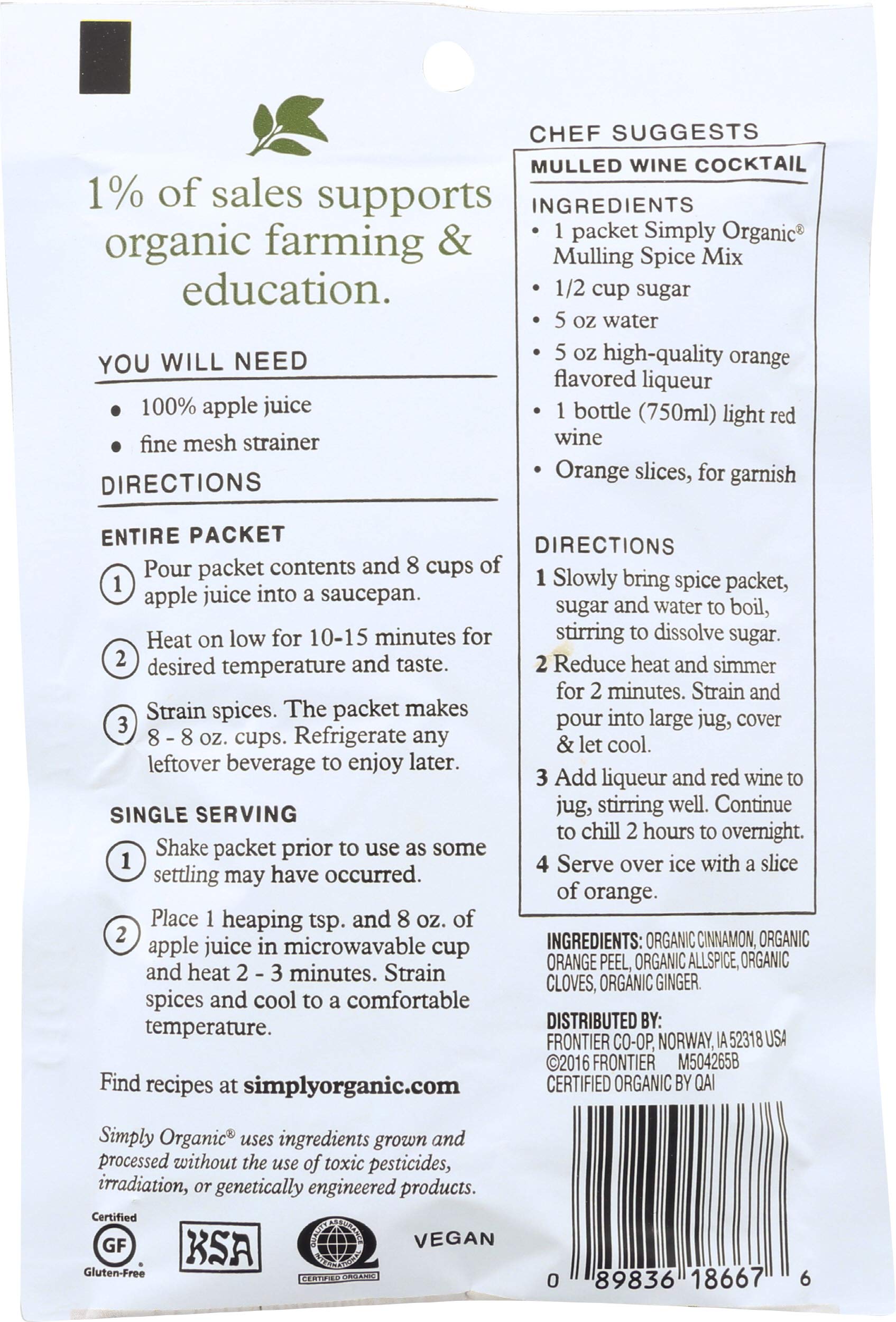 Simply Organic Mulling Spice - Certified Organic, Gluten-Free, Non-GMO | 1.2 oz (Pack of 8) | Perfect for Holiday Drinks, Apple Cider, Tea & Warm Cocktails