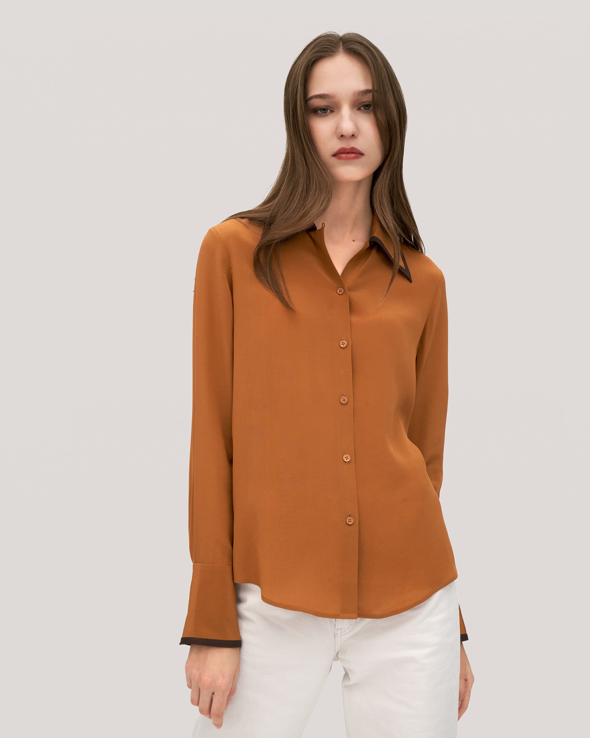 Luxury LilySilk Silk Blouse for Women - Elegant Contrast Piping Willow Shirt Tops | Perfect for Office Wear, Date Night & Special Occasions