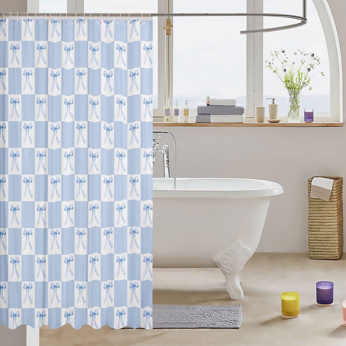 Blue Bowknot Waterproof Shower Curtain with 12 Hooks - Dreamy Bow Minimalist Grid Plaid Geometric Bath Curtain for Bathtub, 78 Inch Long, Princess Style Blue White Bathroom Decor - Perfect for Kids' Bathrooms, Guest Bathrooms & Coastal Themed Decor