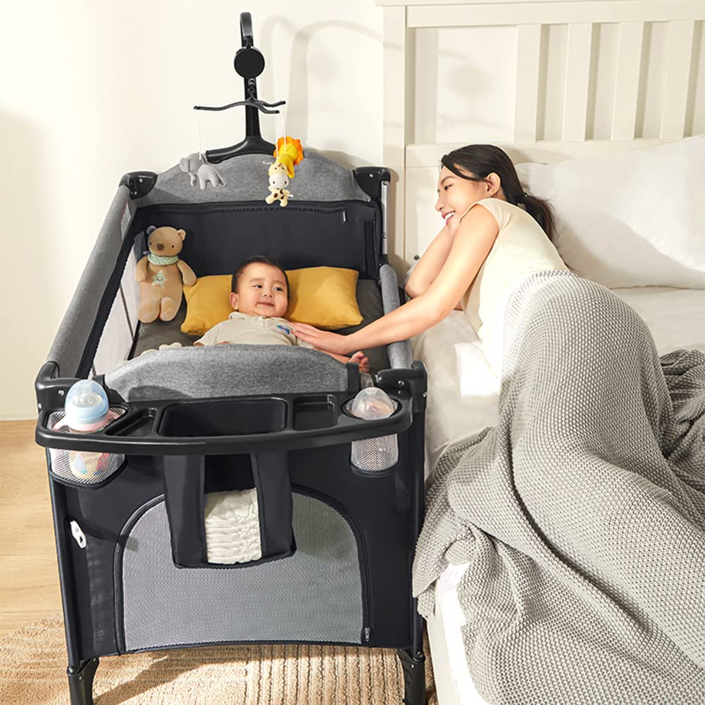 MMBABY 5-in-1 Portable Baby Playard & Crib - Convertible Bassinet, U-Shaped Diaper Changer, Travel Crib with Safety Strap & Carry Bag for Newborn to Toddler (Black) | Perfect for Nursery, Bedside Sleeping & Travel
