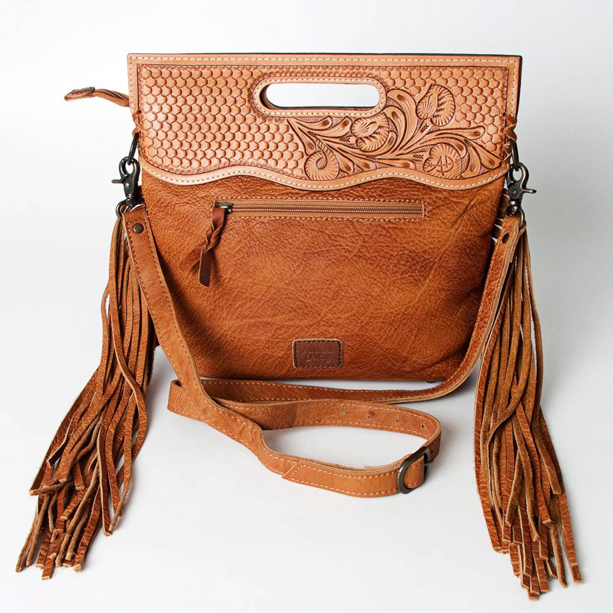 American Darling Brown & White Fringe Leather Purse - Handcrafted Hide Tooled Crossbody Bag for Women | Perfect for Casual Outings, Parties & Western Fashion