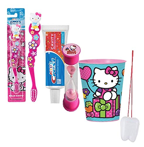 Hello Kitty 4-Piece Oral Care Set - Toothbrush, Toothpaste, Brushing Timer & Mouthwash Cup with Bonus 'Remember to Brush' Chart | Kids Dental Hygiene Kit for Home & Travel