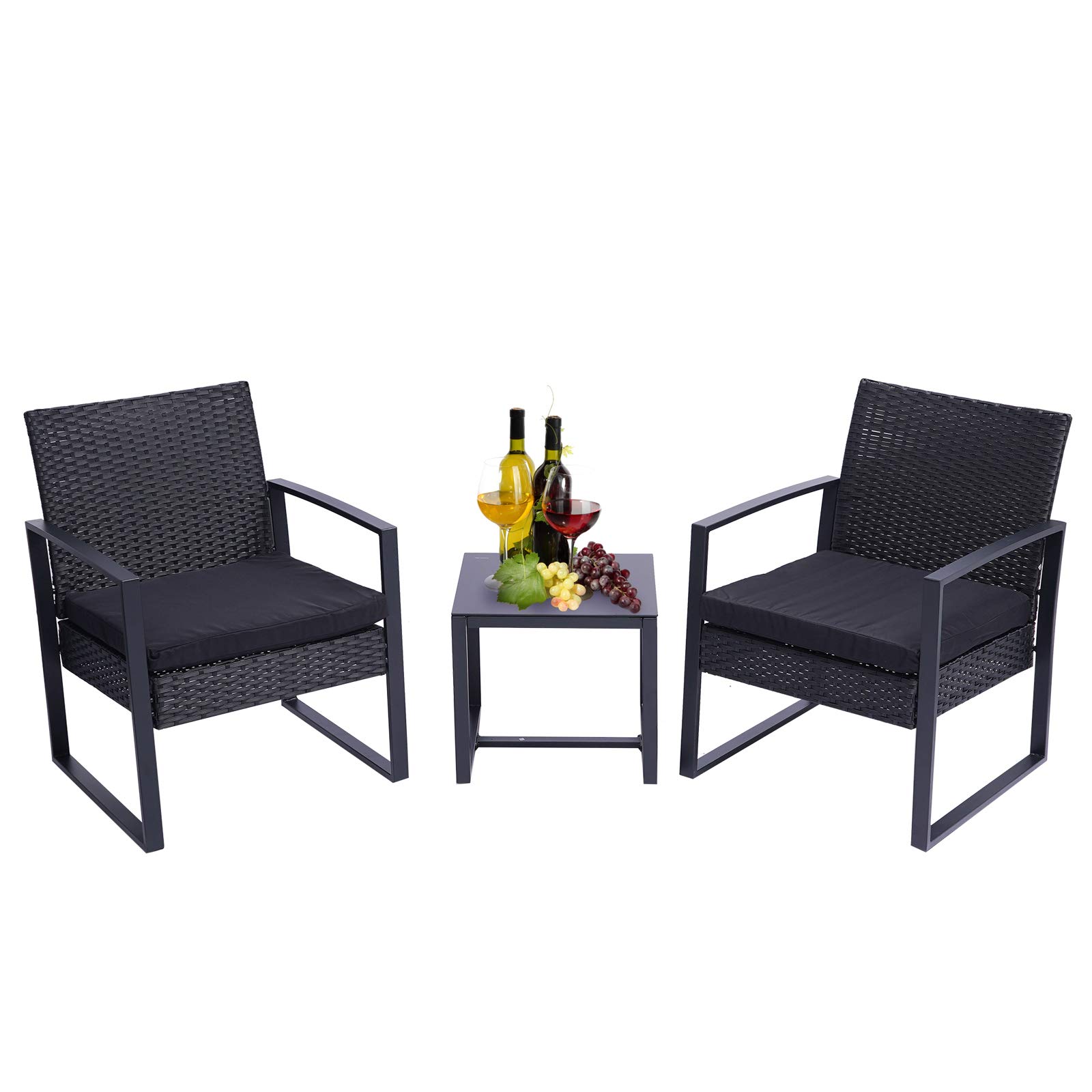 Modern 3-Piece Outdoor Wicker Patio Furniture Set - Rattan Chairs & Coffee Table Conversation Set for Garden, Yard, Bistro & Backyard (Black) | Perfect for Relaxing, Entertaining & Outdoor Dining