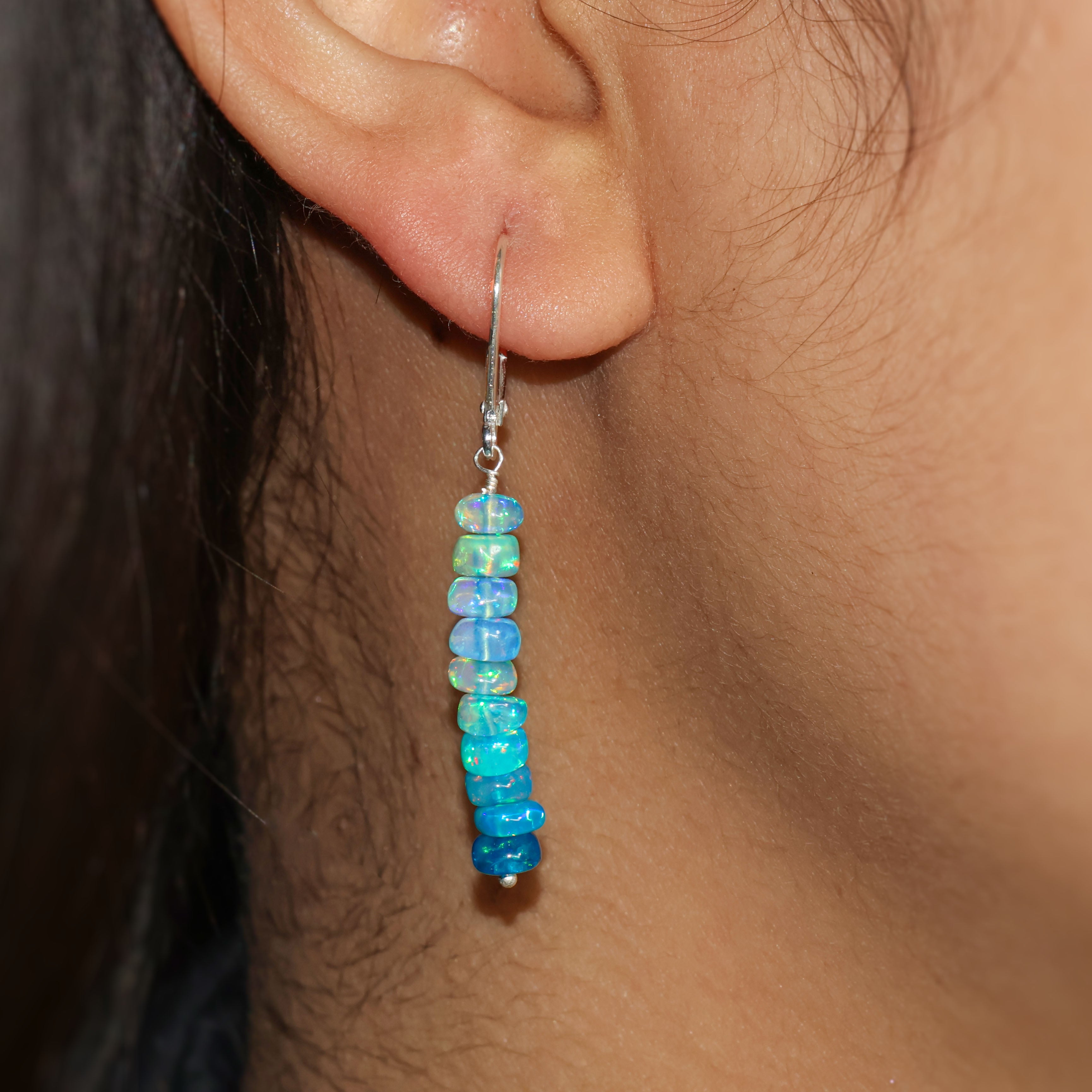 Natural Paraiba Opal Linear Beaded Dangle Drop Earrings for Women | Handmade Gemstone Jewelry | Boho Chic & Wedding Accessories | Perfect for Parties, Date Nights & Special Occasions
