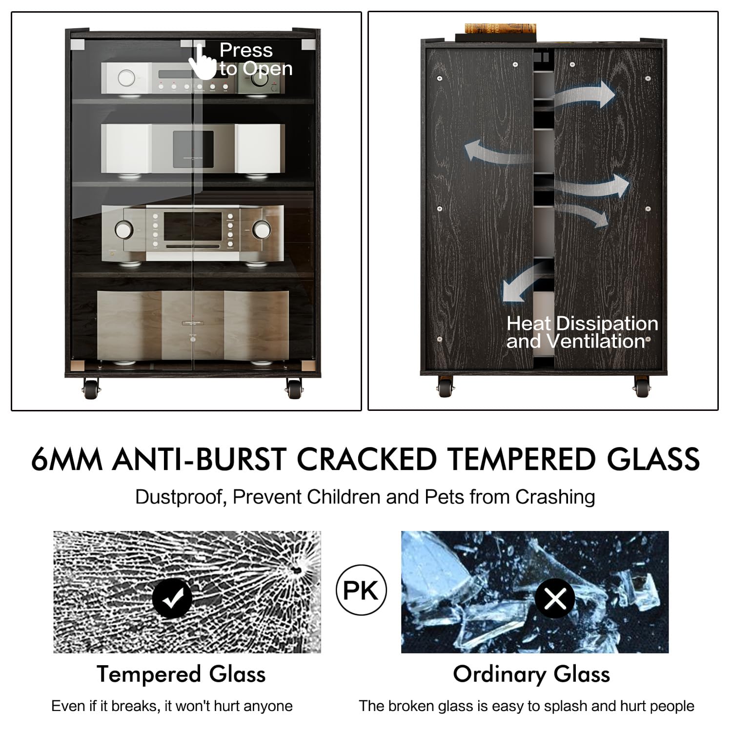 4-Tier Adjustable Media Storage Cabinet with Glass Doors & Pulley - Modern AV Stand for CDs, DVDs, Gaming Consoles & Stereo Components - Perfect for Living Room, Home Theater & Entertainment Centers