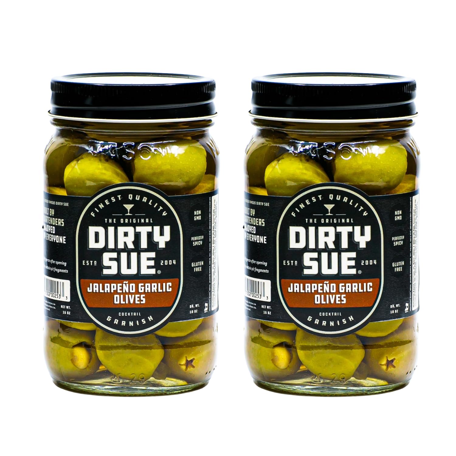 Dirty Sue Double Stuffed Olives & Onions - 2 Pack (16 oz Jars) - Jalapeno & Garlic Stuffed | Premium Cocktail Garnish for Martinis, Bloody Marys & Charcuterie Boards