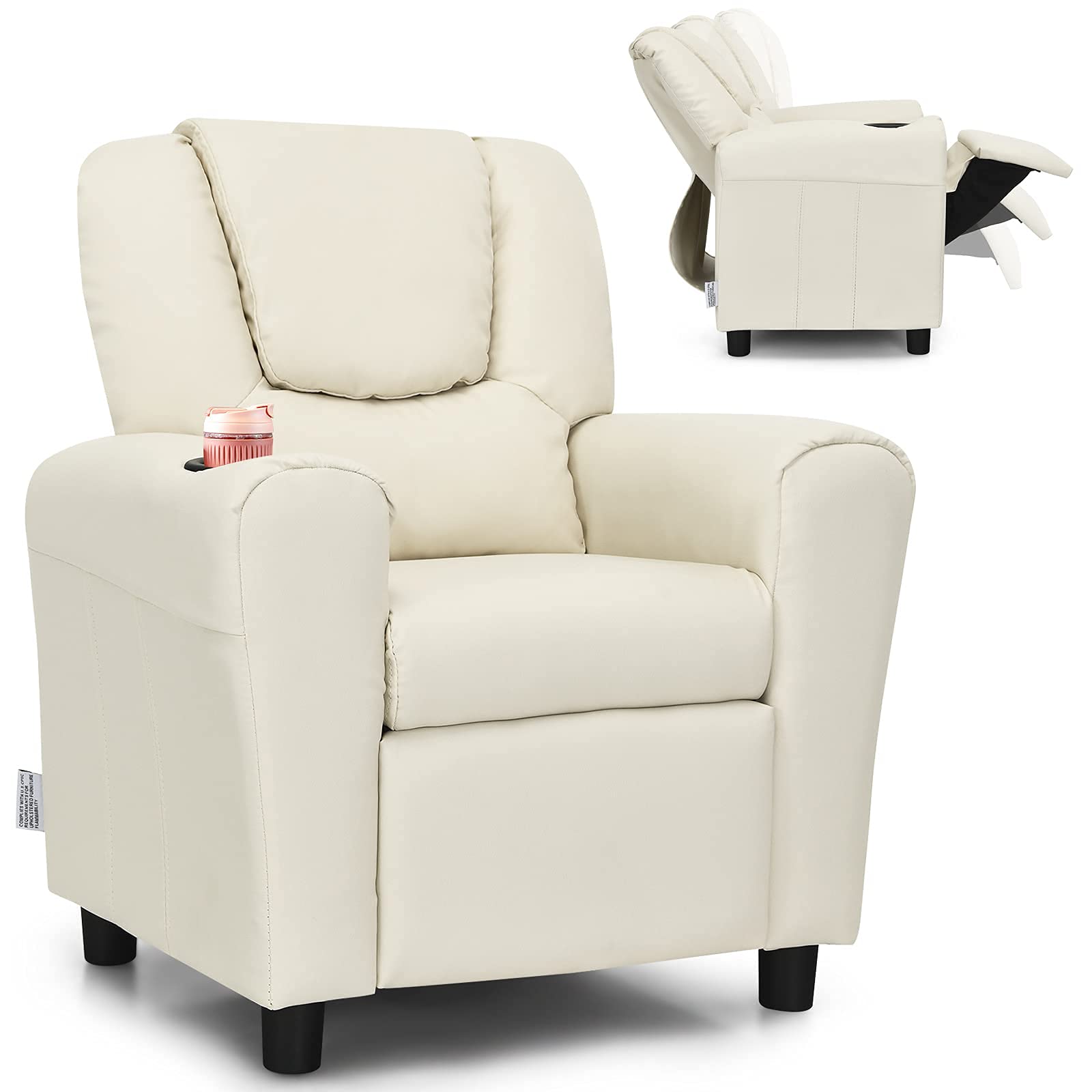 Kids Recliner Sofa Chair with Cup Holder, Adjustable Headrest & Footrest - PU Leather Toddler Armchair for Boys & Girls, Nursery, Playroom, Bedroom (Beige) - Perfect for Reading, Watching TV & Relaxing
