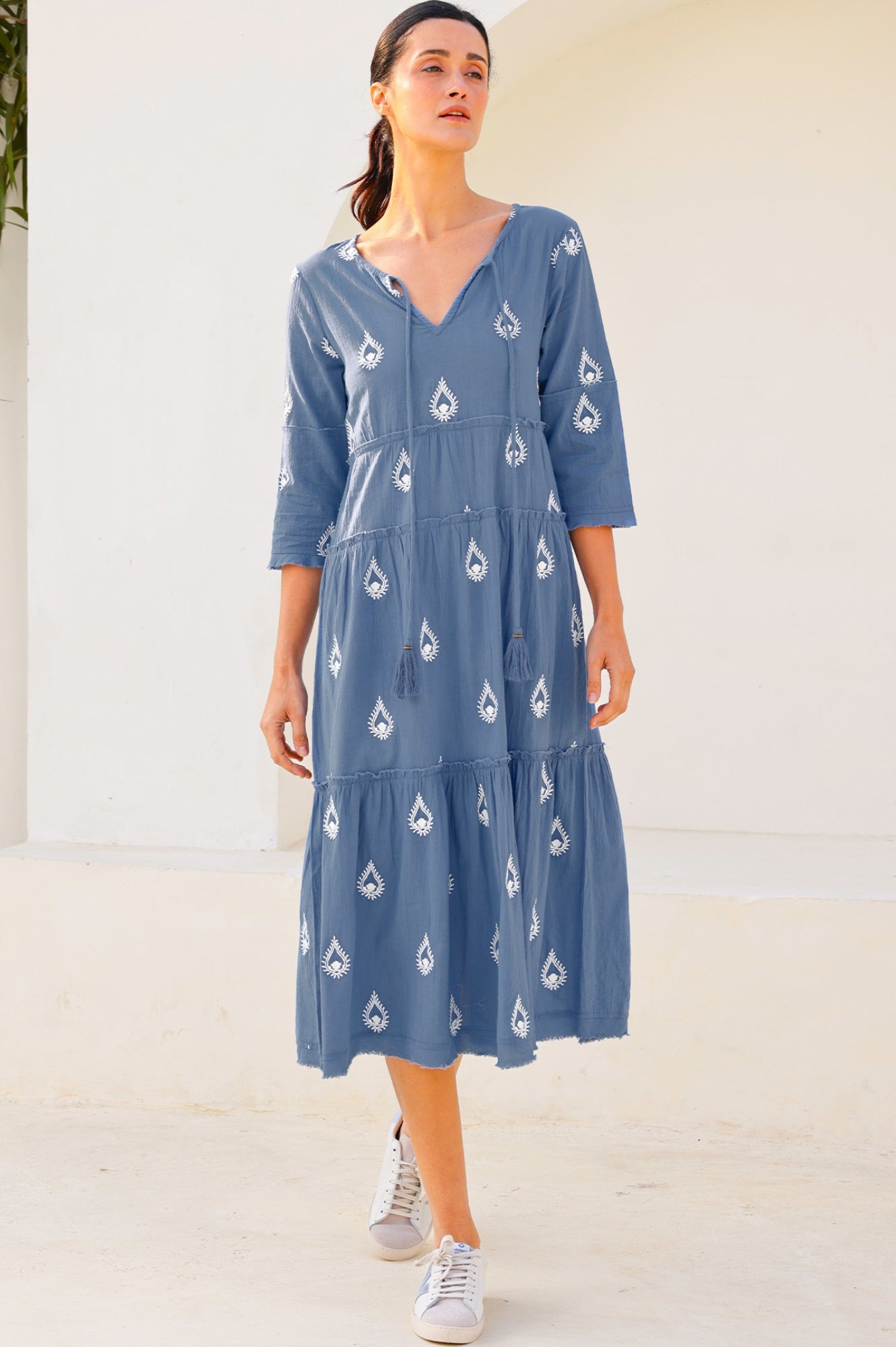 Willow Embroidered Dress for Women - Buta Blue Grey/White Floral Maxi Dress | Boho Chic Summer Dress for Beach, Wedding & Vacation