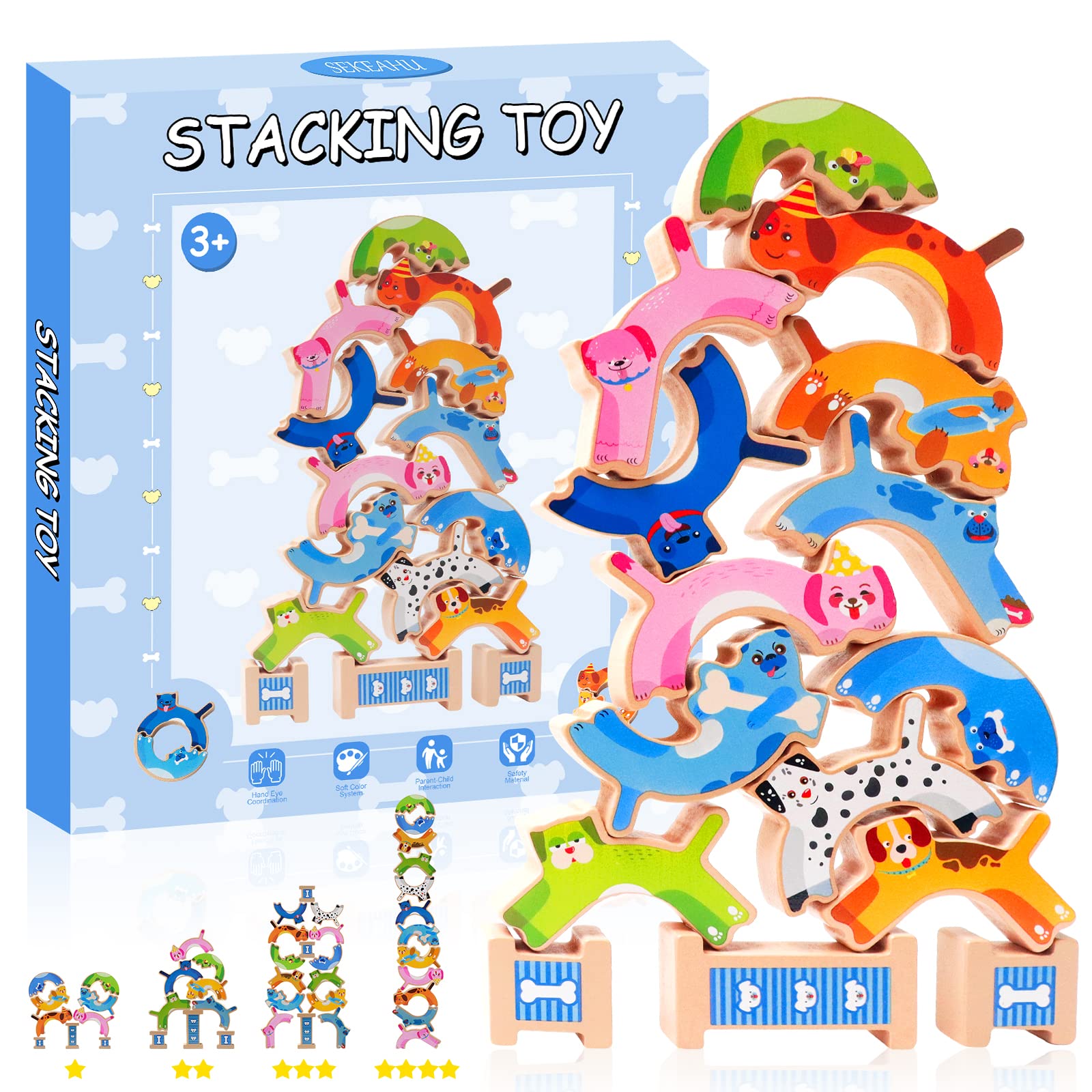 14PCS Wooden Puppy Stacking Building Toys for Kids Ages 3-9 - STEM Montessori Educational Puzzle Games for Boys & Girls - Perfect for Valentine's Day Gifts, Birthday Party Favors, Classroom Activities & Early Childhood Development