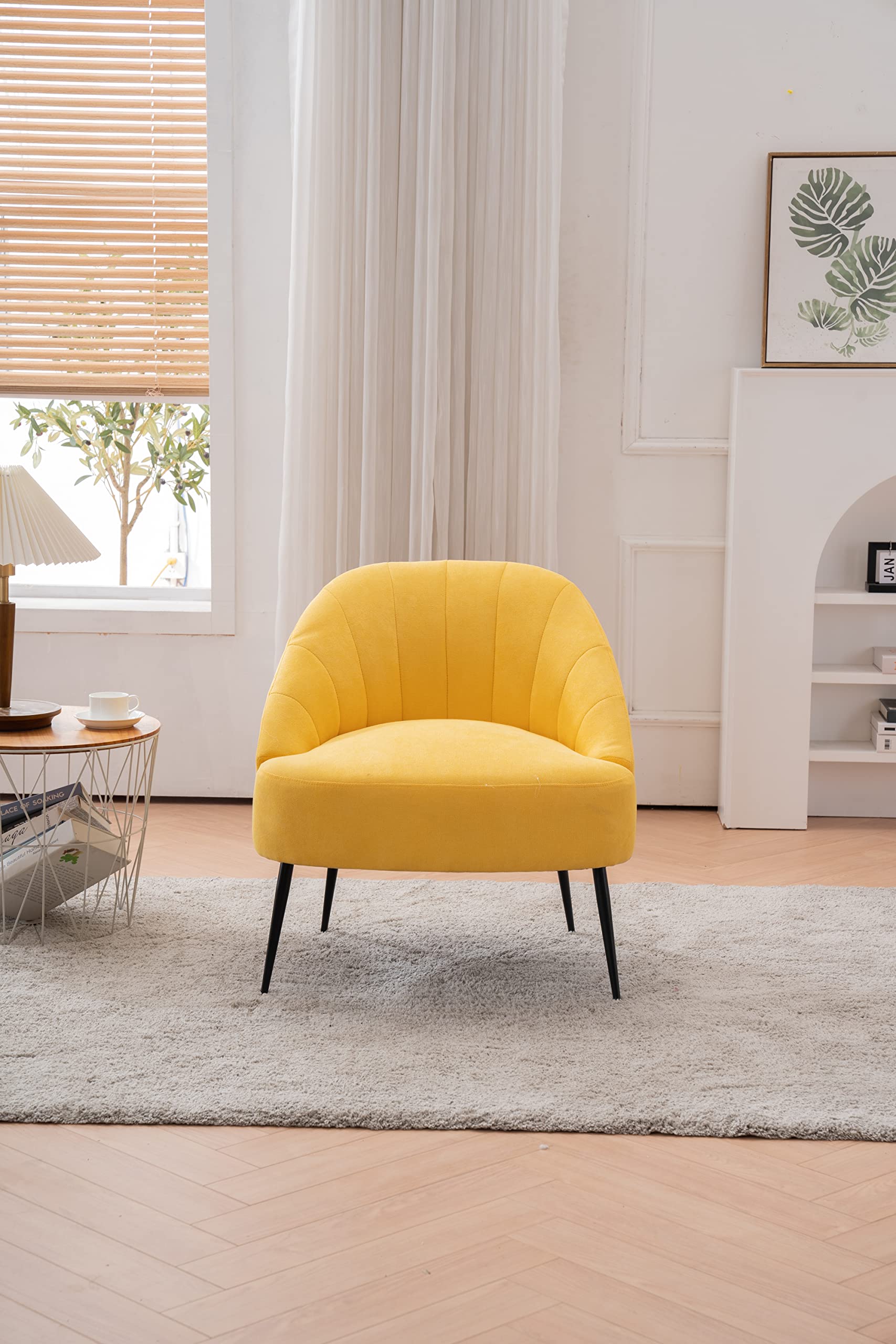 Pvillez Velvet Accent Chair - Modern Shell Shaped Upholstered Armchair with Gold Legs | Mid Century Club Chair for Living Room, Bedroom & Makeup Vanity | Comfortable Fabric Single Sofa in Yellow