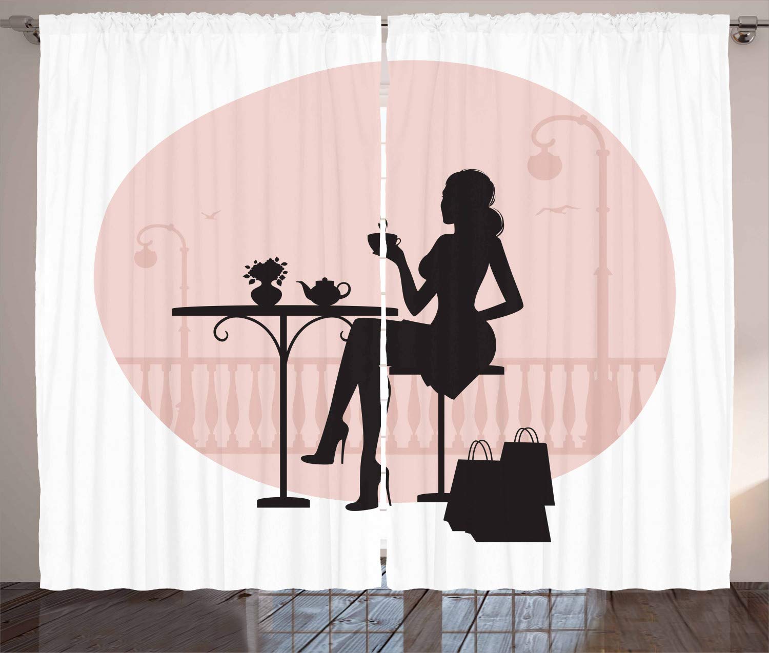Ambesonne Vintage Curtains - Elegant Silhouette of Lady Drinking Tea at Cafe, Blush Backdrop, 2 Panel Window Drapes (108