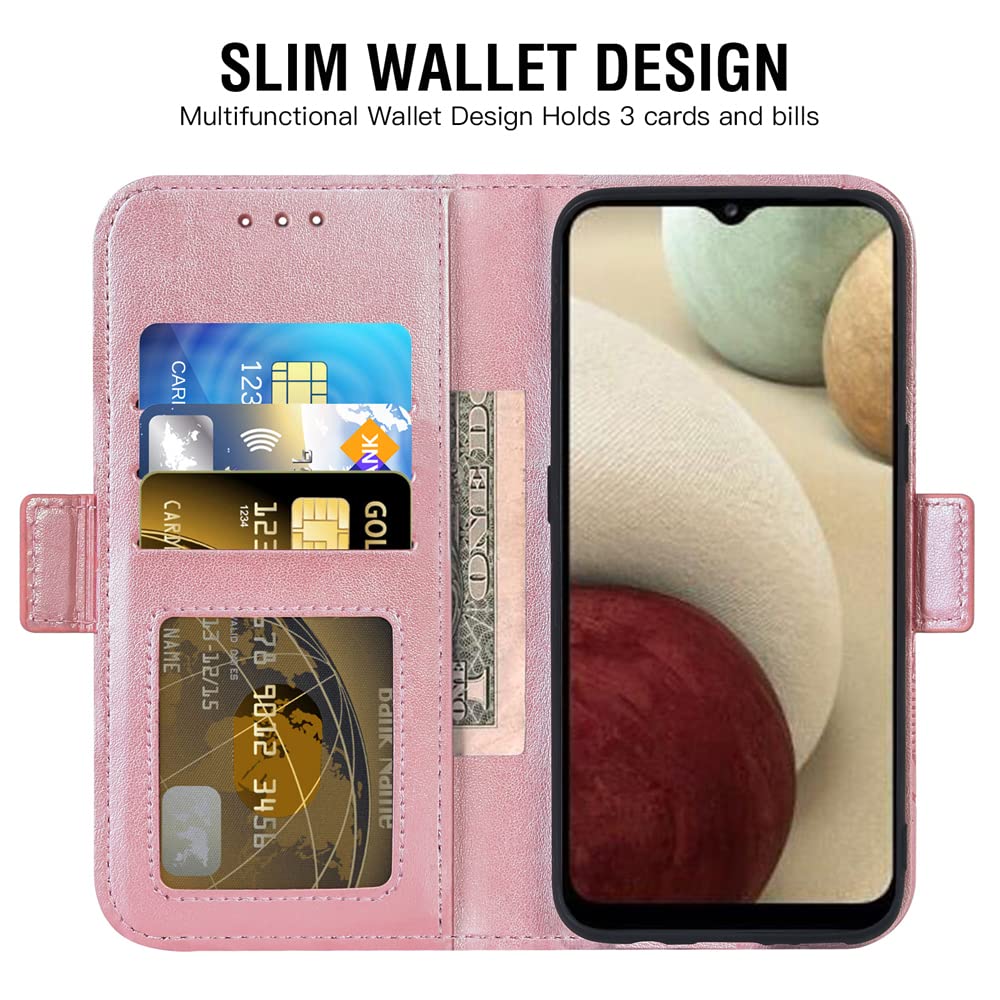 ASUWISH Samsung Galaxy A12 Wallet Case with Tempered Glass Screen Protector - Flip Cover Credit Card Holder Phone Case for Galaxy A12 5G/4G (Rose Gold) - Perfect for Work, Travel & Everyday Protection