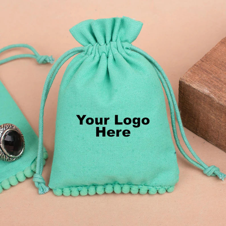 100 Custom Turquoise Designer Gift Pouches with Pom Poms - Personalized Party Favors, Wedding Accessories & Jewelry Storage Bags