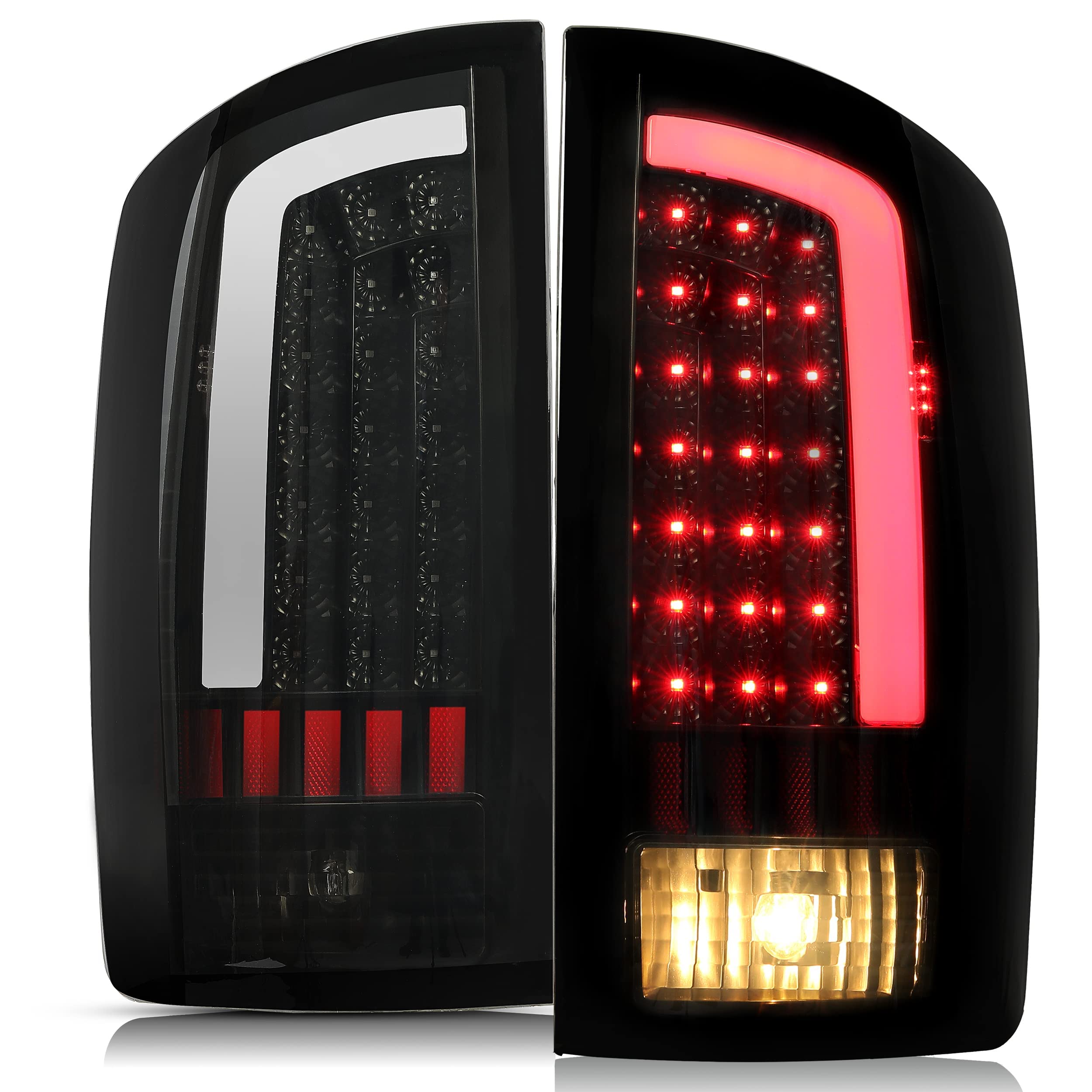 HECASA LED Tail Lights Assembly for 2002-2006 Dodge Ram 1500/2500/3500 - Smoke Lens Black Housing LED Tube Bar Rear Brake Turn Signal Lamps (Pair) | Enhanced Night Visibility & Safety for Truck Drivers