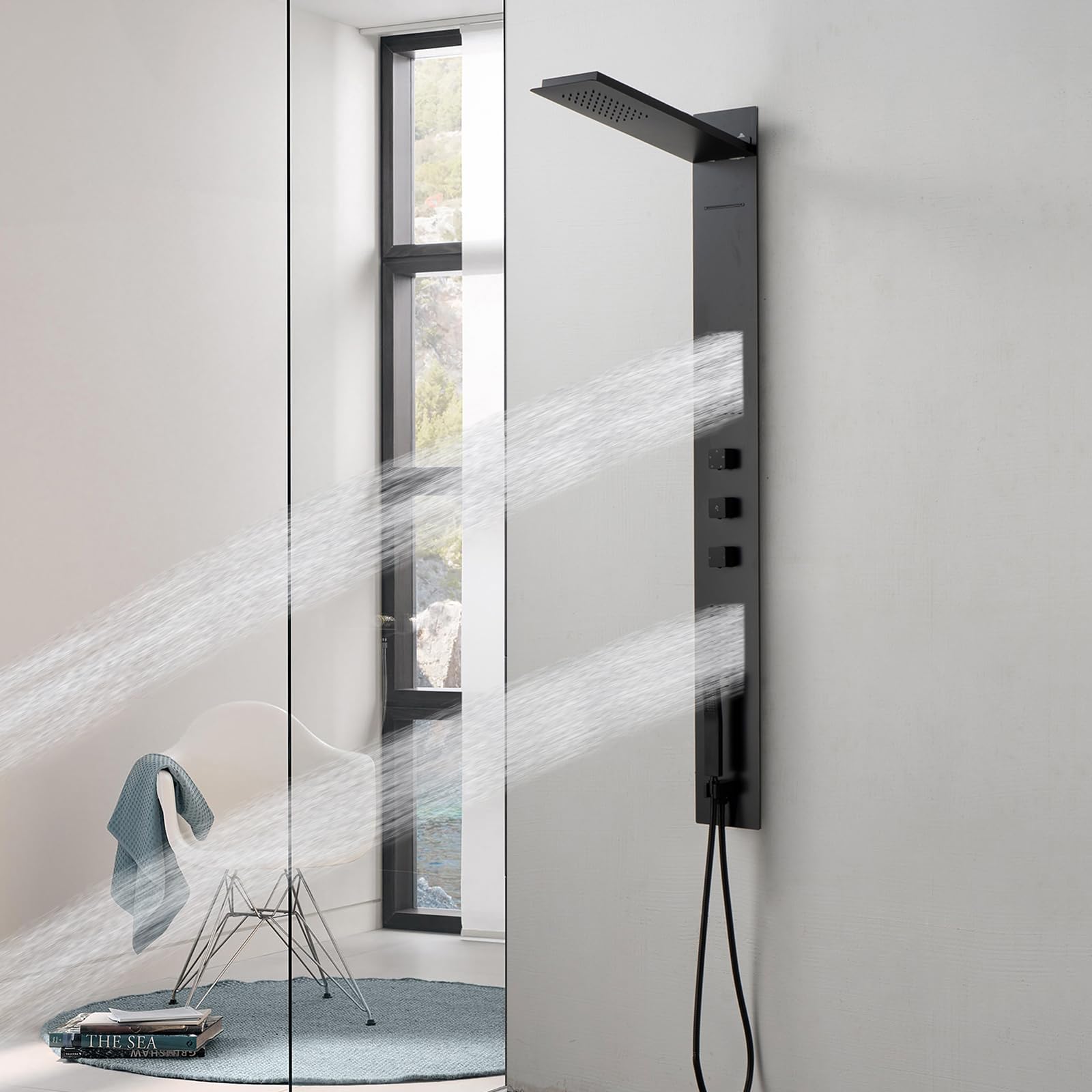 BWE Modern Rainfall Shower Panel Tower System - 304 Stainless Steel Multi-Function Shower Tower with 2 Powerful Body Jets & Handheld Showerhead (Black) - Perfect for Spa-Like Bathroom Upgrades and Luxury Shower Experience