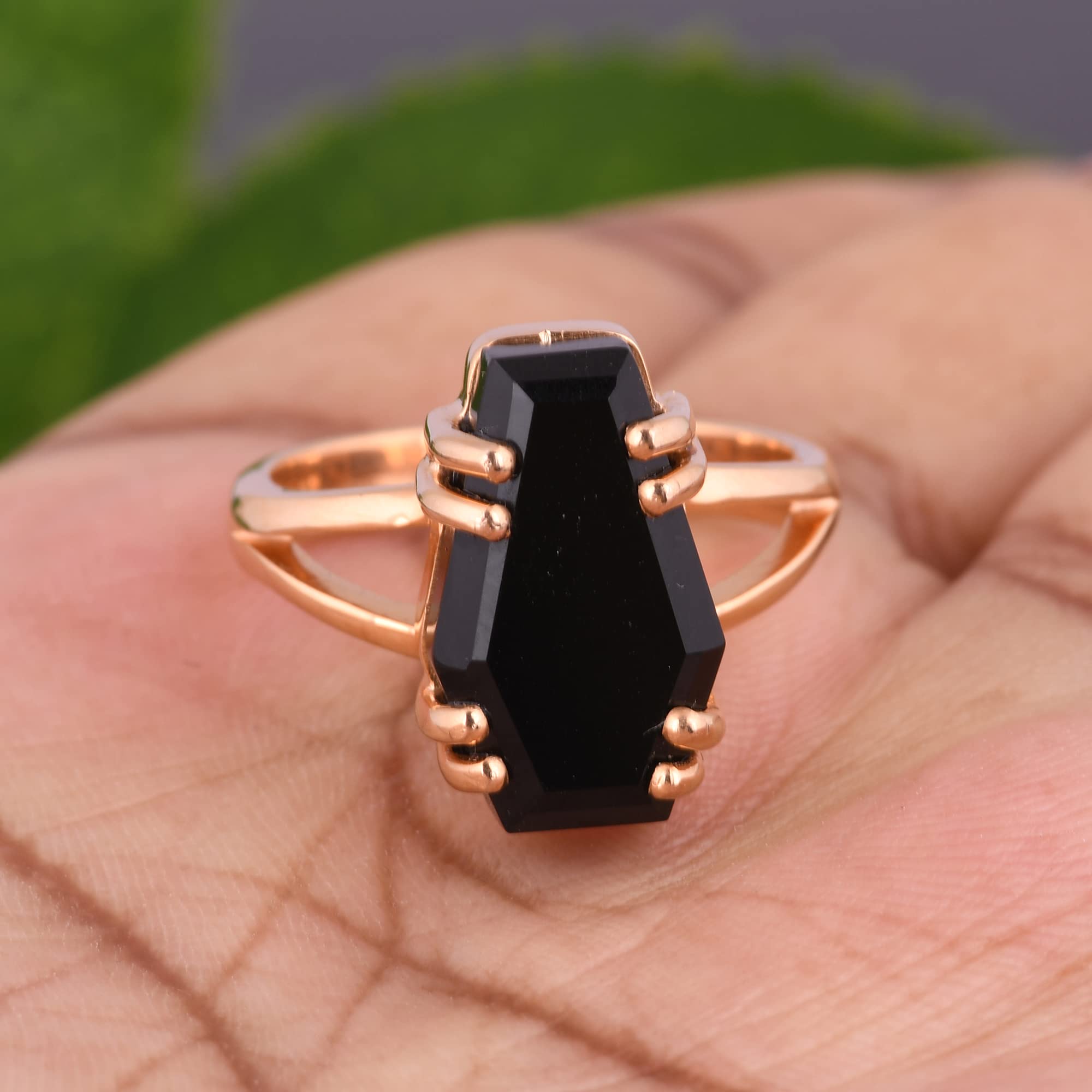 Black Onyx Gemstone Ring - Coffin Design Statement Ring in Solid 925 Sterling Silver | Evil Eye Protection Jewelry | Stackable Silver Ring for Women (Rose Gold Plated, Size 4.5) | Perfect for Gothic Fashion, Witchy Aesthetic & Everyday Wear
