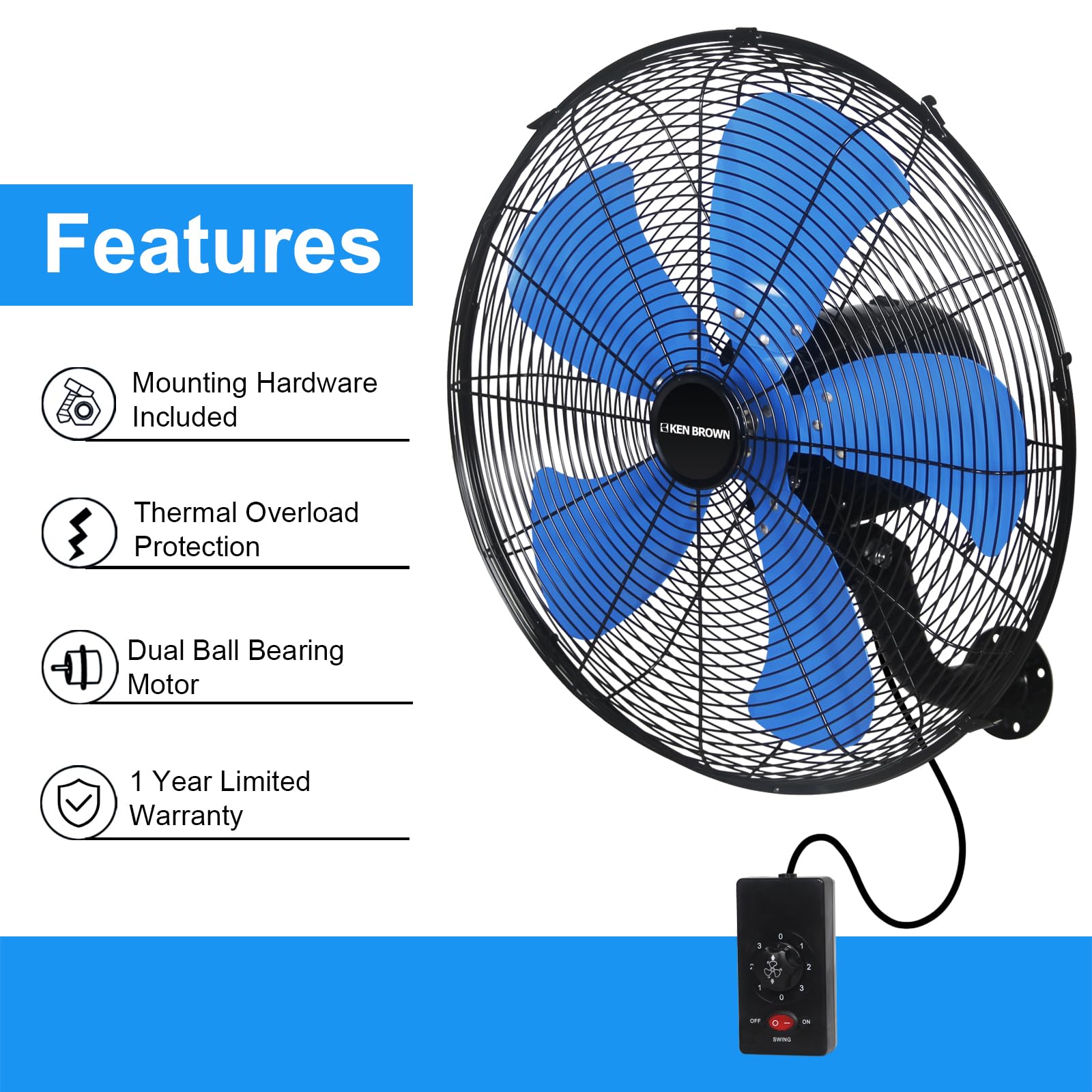 KEN BROWN 18 Inch 3-Speed High Velocity Industrial Oscillating Fan - Wall Mount Fan with 4200 CFM, Separate Switch & 5 Blades - Heavy Duty Metal for Home, Patio, Workshop & Garage - Blue - Perfect for Cooling Large Spaces, Outdoor Areas & Work Environments