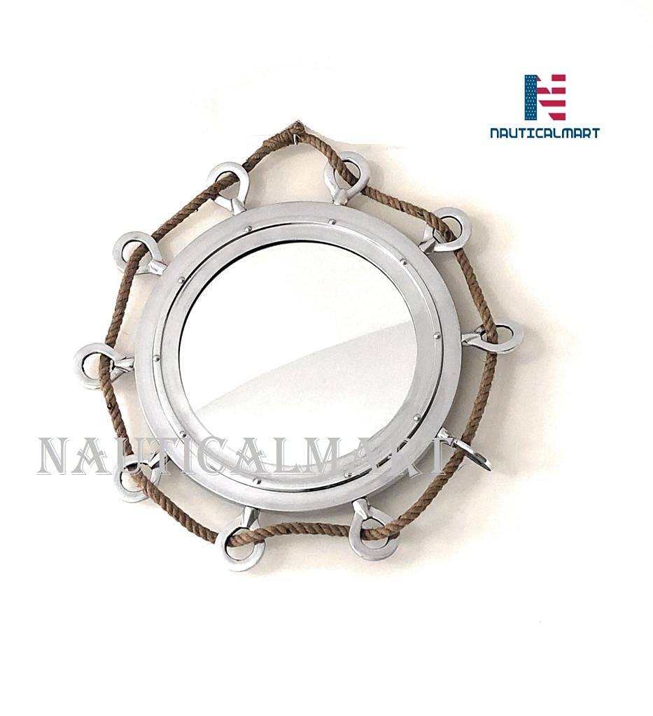 Large Silver Porthole Mirror with Rope - Nautical Ship Decor for Bathroom, Living Room, or Bedroom Wall Art