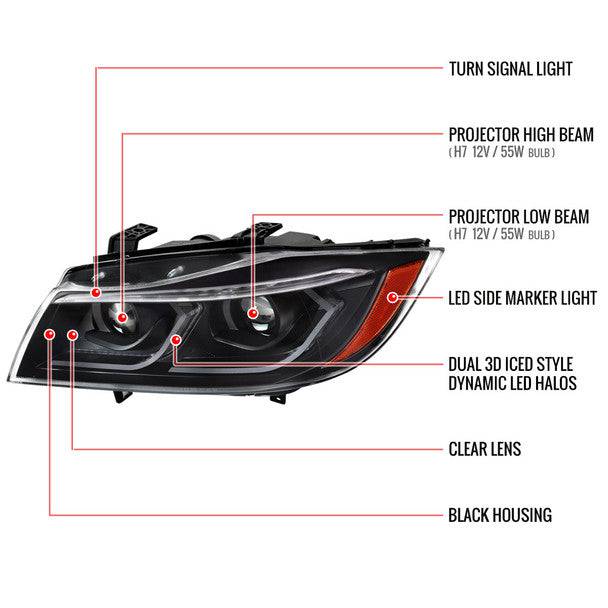 Spec D Tuning LED Headlights for 2006-2011 BMW E90 3 Series Sedan - 3D Iced Dual Projector Headlamps with Matte Black Housing & Clear Lens - Upgrade for Night Driving & Custom Styling
