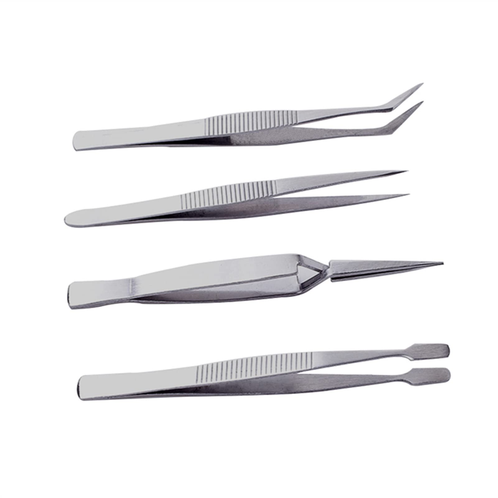 4-Piece Stainless Steel Precision Tweezers Set - Slant & Pointed Tips for Electronics, Eyebrows & Makeup - Anti-Slip Grip - Perfect for DIY, Jewelry Making & Beauty Care (Silver)