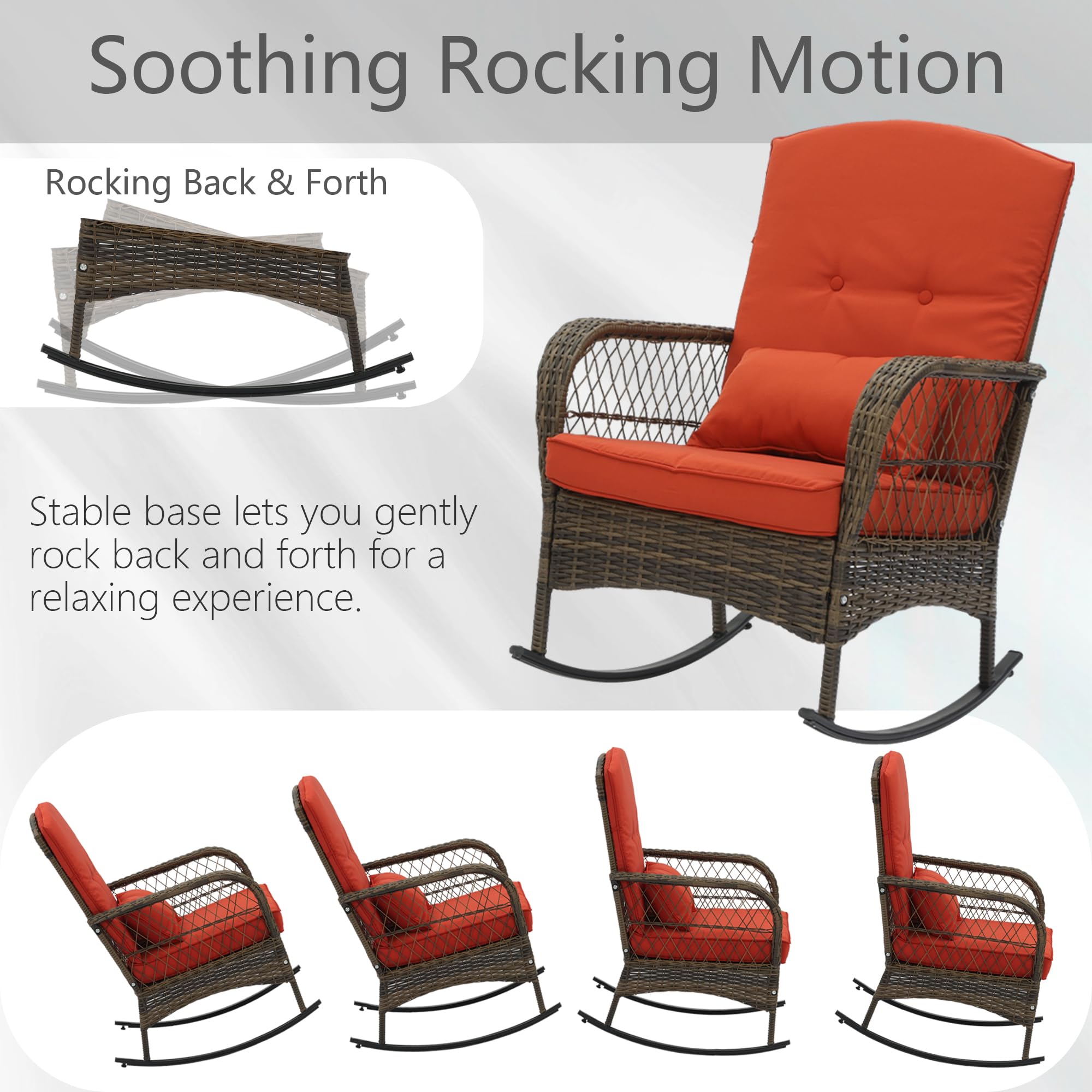Outdoor Wicker Rocking Chairs Set of 3 - Rattan Patio Furniture with Cushions & Side Table - Perfect for Garden, Porch, Balcony, Yard & Outdoor Relaxation