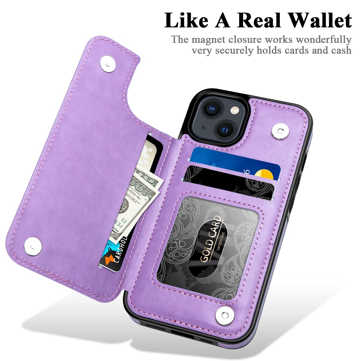MMHUO Magnetic Flip Wallet Case for iPhone 14 with Card Holder - Flower Design Protective Phone Cover for Women (Purple) | Perfect for Everyday Use, Travel & Hands-Free Convenience