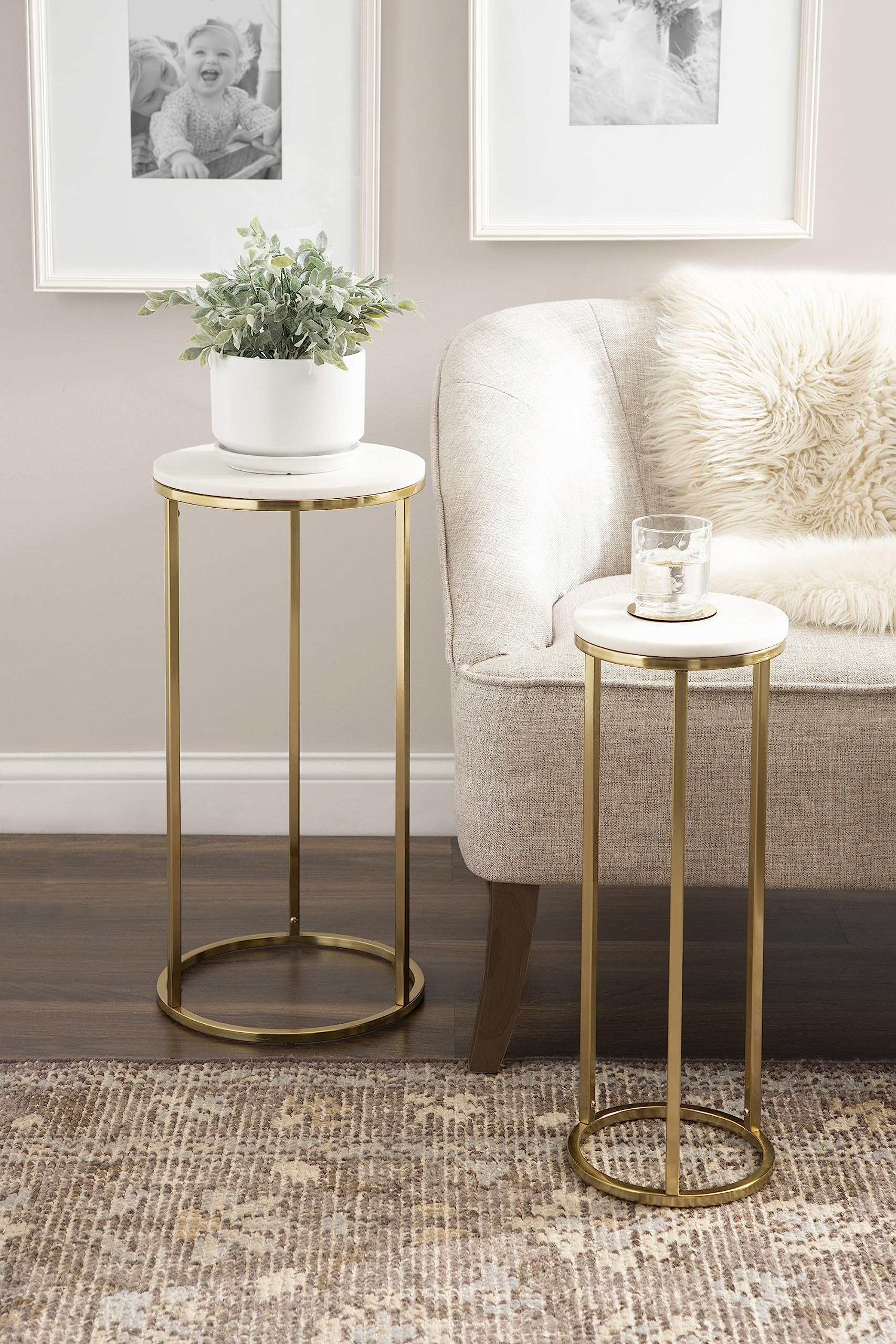 Kate & Laurel Udorie Modern Nesting Table Set - 2-Piece White & Gold Side Tables with Marble Tops (12x25 Inches) | Space-Saving Accent Tables for Living Room, Bedroom & Small Apartments