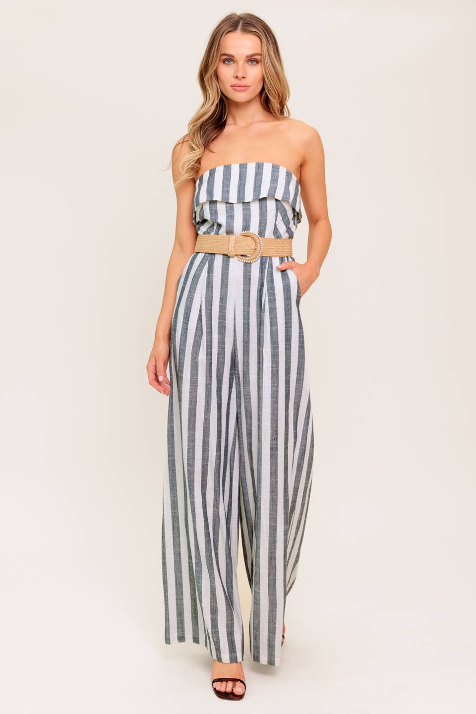 GREER Women's Strapless Jumpsuit - White & Charcoal Striped Romper for Summer, Beach, and Party Wear