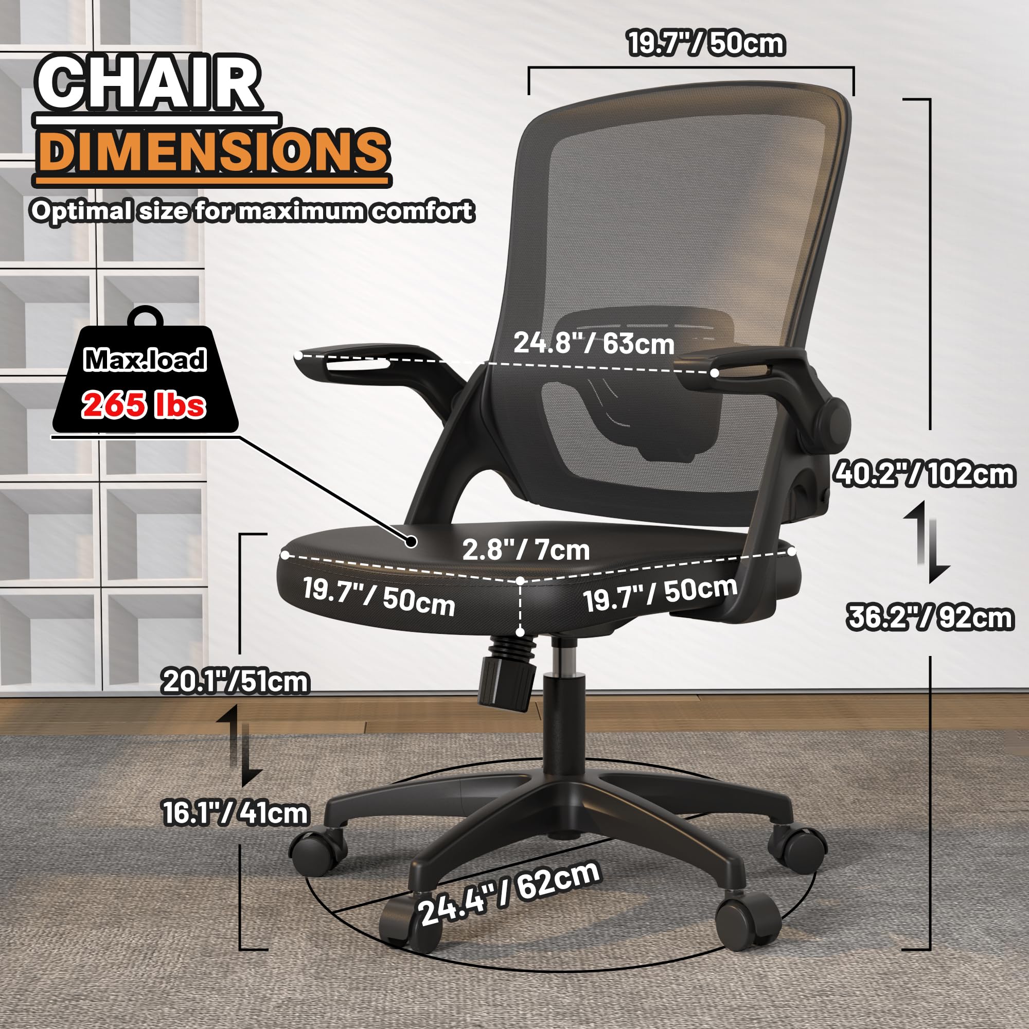 Ergonomic Mesh Office Chair with Adjustable Lumbar Support - Swivel Computer Desk Chair with Flip-Up Arms & Wheels - Comfortable Black Modern Chair for Home & Office Workspaces (Perfect for Long Hours of Work, Gaming, or Studying)