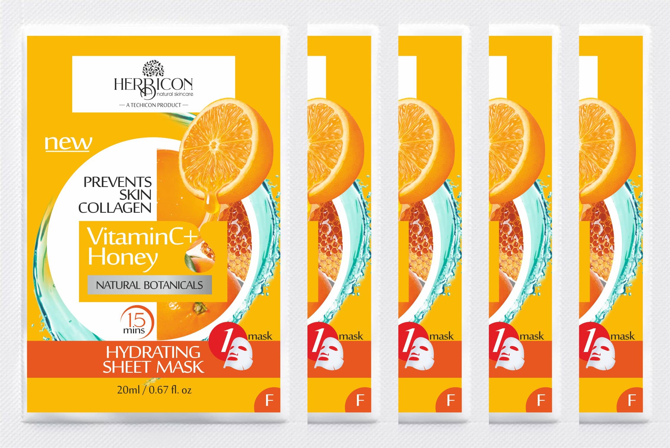 Herbicon Vitamin C & Honey Face Sheet Mask - Brightening & Hydrating for Glowing Skin - 20g (5 Pack) | Perfect for Daily Skincare Routine & Spa Night