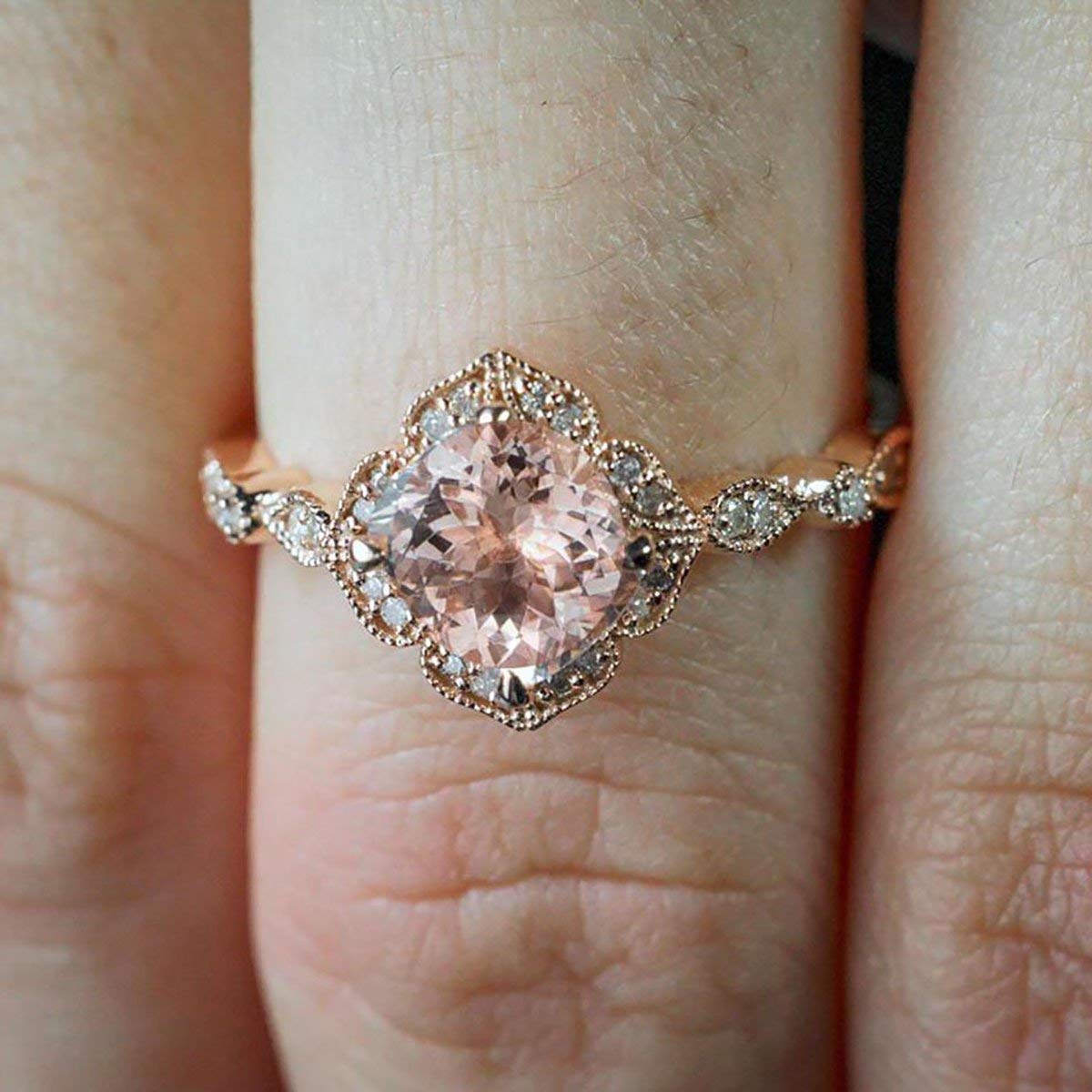 1.25 Carat Peach Pink Morganite & Diamond Engagement Ring - Antique Vintage Style 18K Gold Plated Jewelry for Wedding, Proposal & Anniversary Gifts