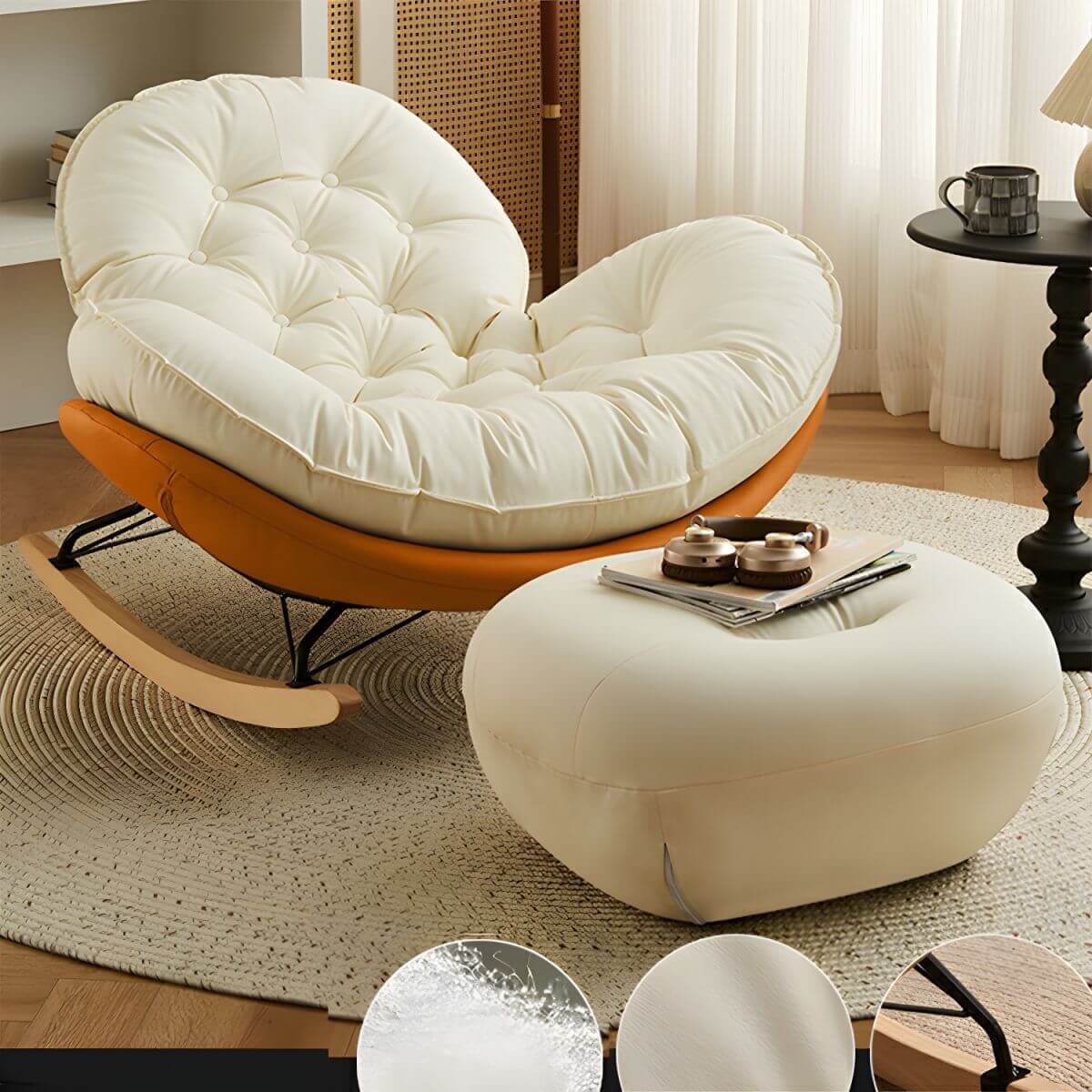 Modern Faux Leather Beige Upholstered Rocking Chair with Spindle Back & Natural Wood Legs - Cozy Nursery, Living Room or Bedroom Accent Chair for Relaxing & Nursing
