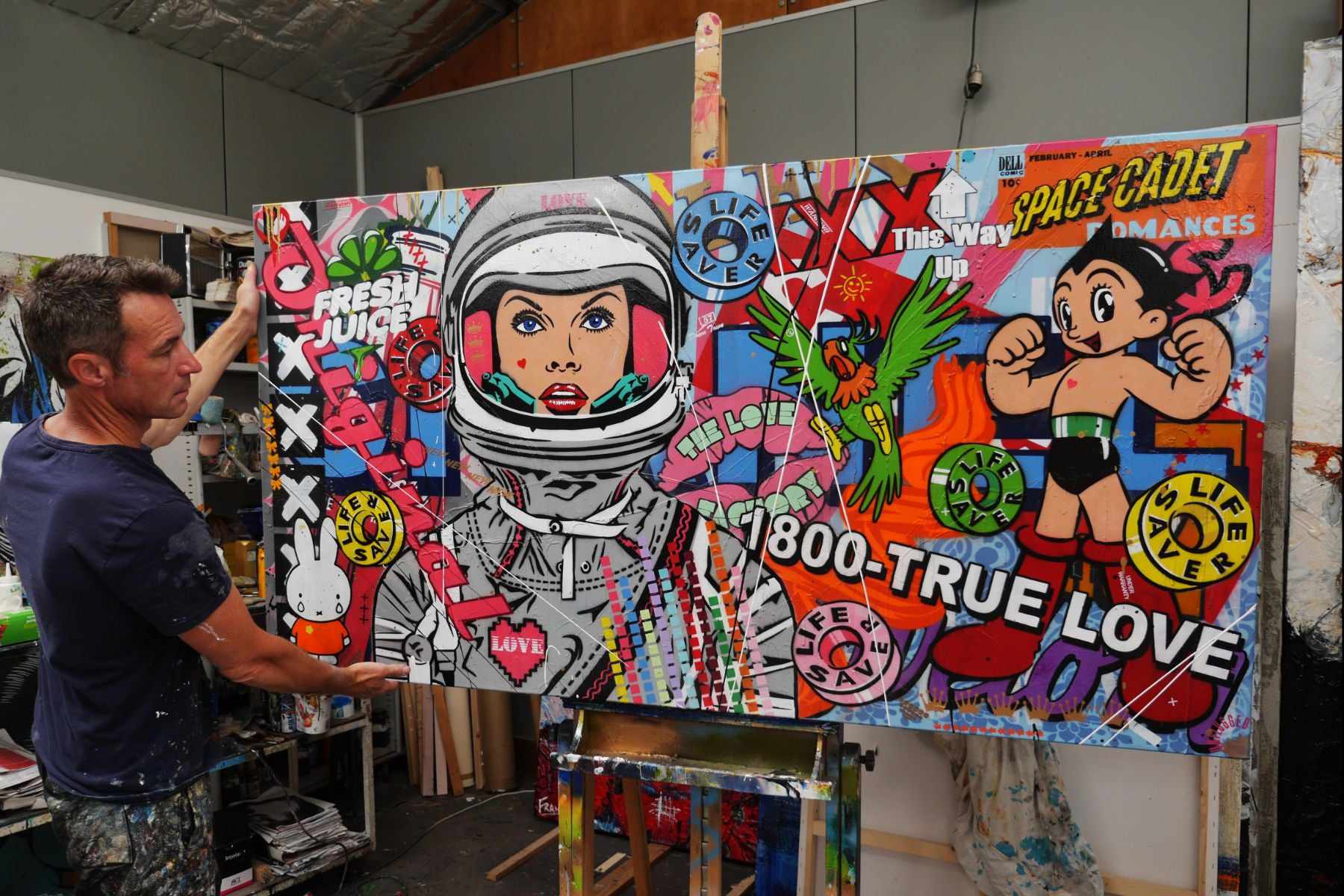 Space Cadet Textured Urban Pop Art Painting - 190cm x 100cm Modern Canvas Wall Art for Living Room, Bedroom & Office Decor | The Romance Continues Series