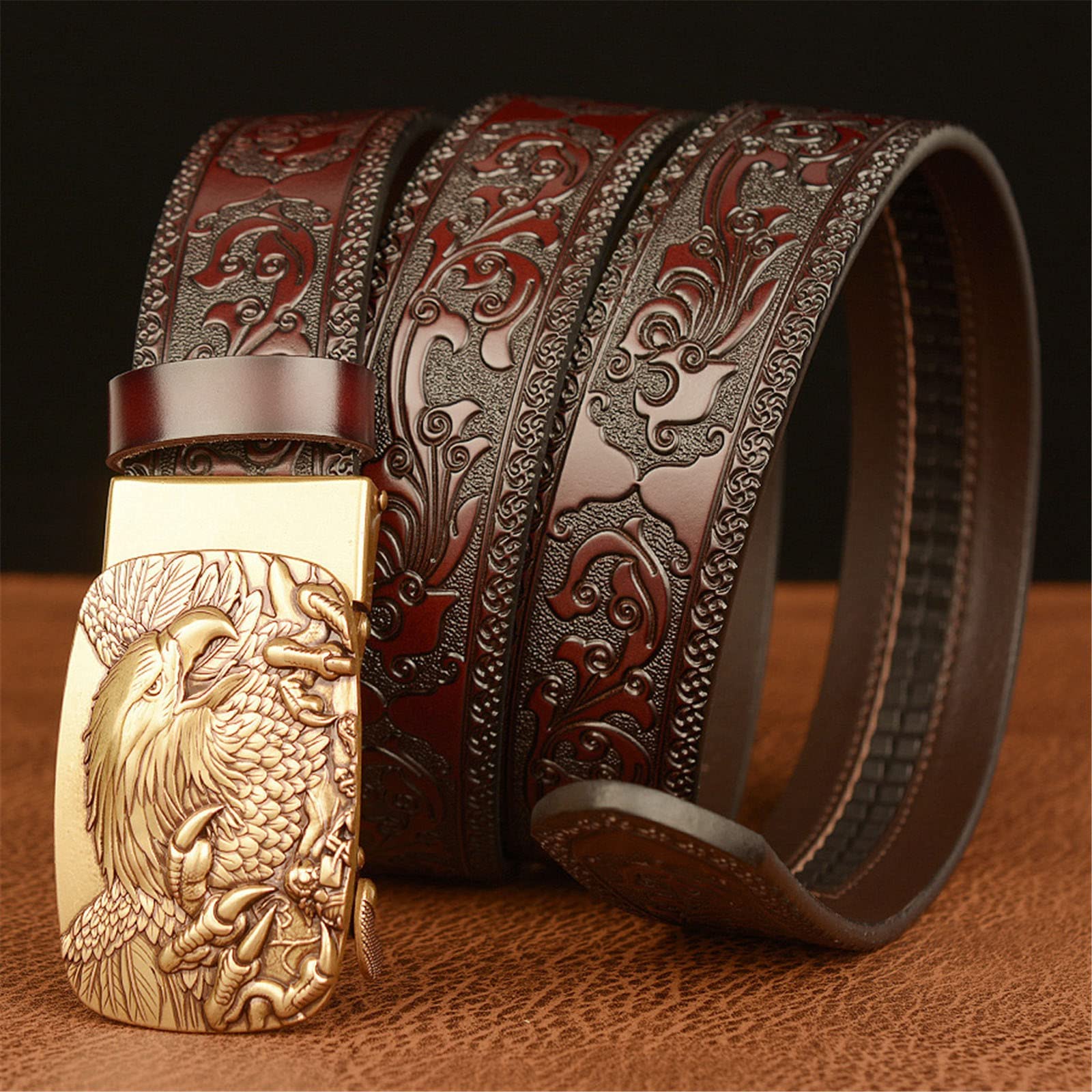 Men's & Women's Leather Belt with Eagle Automatic Buckle - Western Style Carved Pattern Design for Jeans & Casual Wear | Perfect for Everyday Outfits, Office Attire & Western Fashion