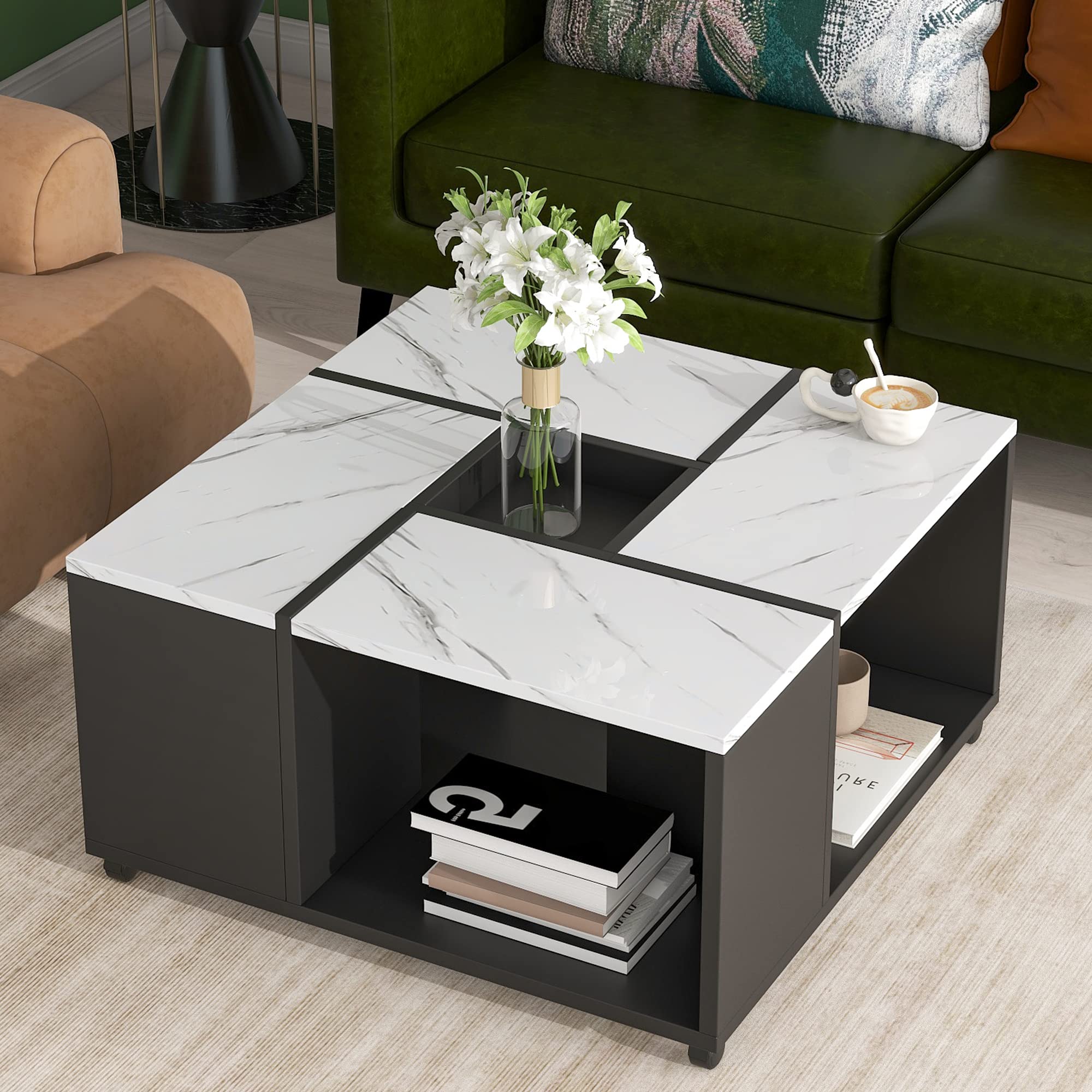 RUNNA Modern 2-Tier UV High-Gloss Marble Coffee Table with Wheels - Square Living Room Center Table with Removable Tray - Corner Accent Table for Small Spaces (White & Black) - Perfect for Apartments, Dorms and Cozy Living Rooms