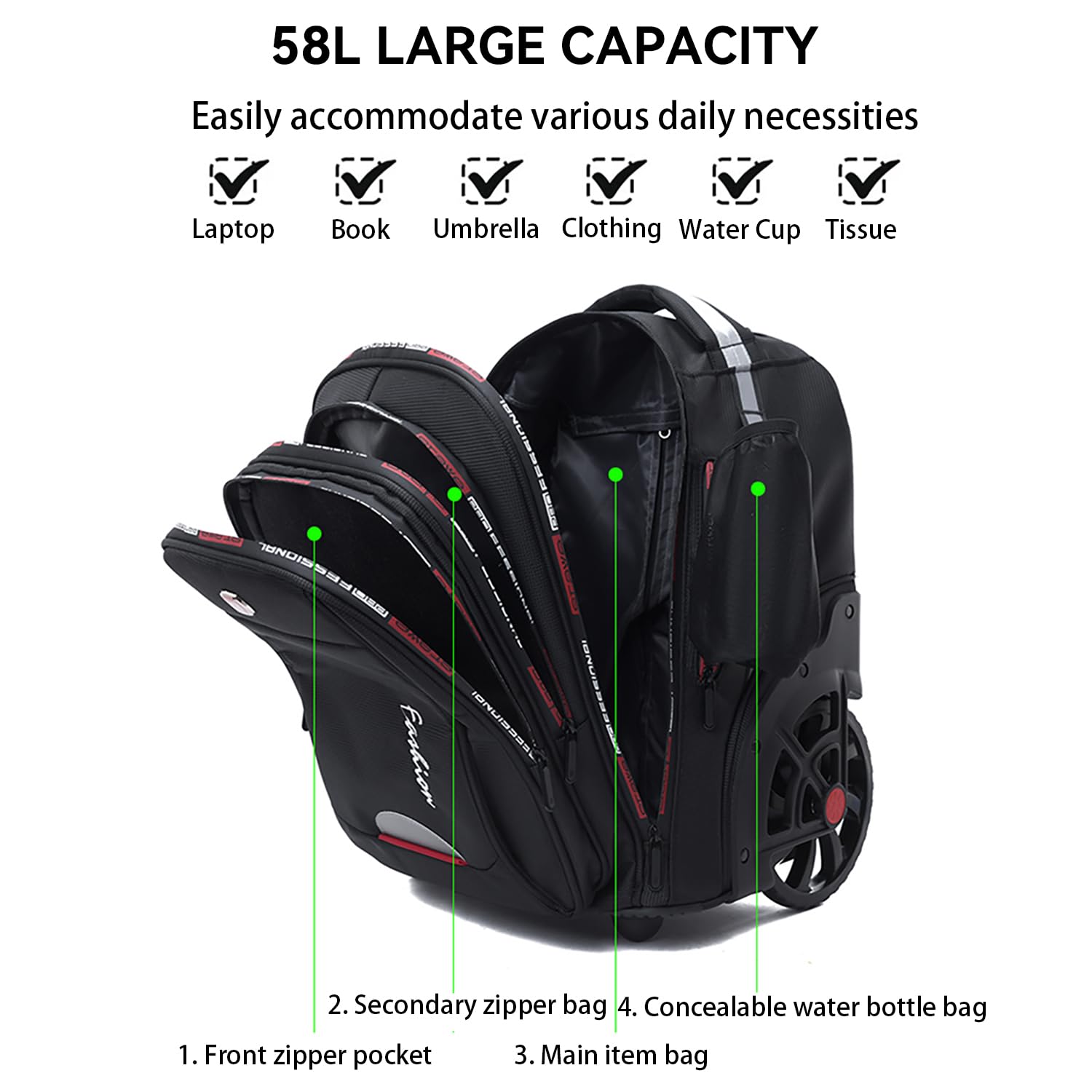 Waterproof Rolling Backpack for Women & Men - 22 Inch Wheeled Laptop Backpack with Large Wheels - Travel & Business Commuter Carry-On Backpack (Pink) - Perfect for Air Travel, Daily Commute & Office Use