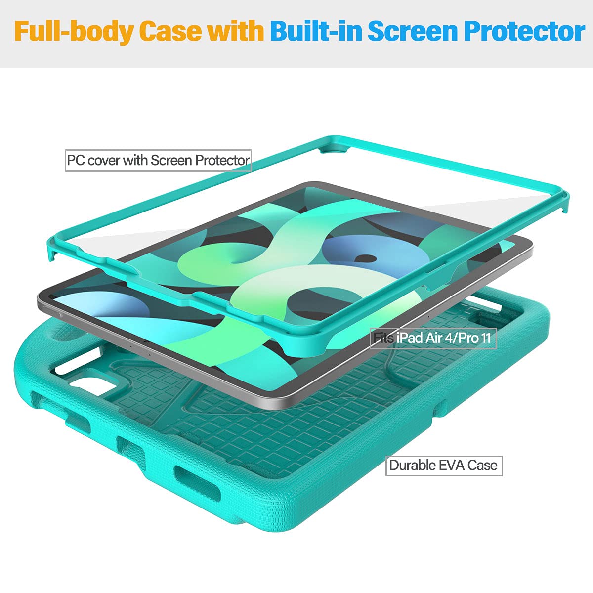 SUPLIK Shockproof Kids Case for iPad Air 5th/4th Generation (10.9 inch, 2022/2020 Model) - Durable Protective Cover with Built-in Screen Protector & Handle Stand - Compatible with Apple iPad Air Gen 4/5 & iPad Pro 11 (Old Version) - Cyan Blue - Perfect for School, Travel & Home Learning