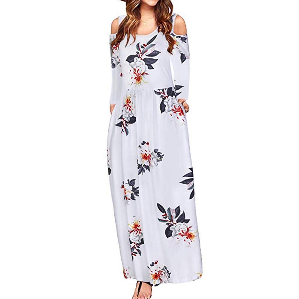 AODONG Women's Summer Floral Cold Shoulder Sundress - Casual Long Maxi Dress with Pockets | Perfect for Beach Vacations, Date Nights & Outdoor Parties